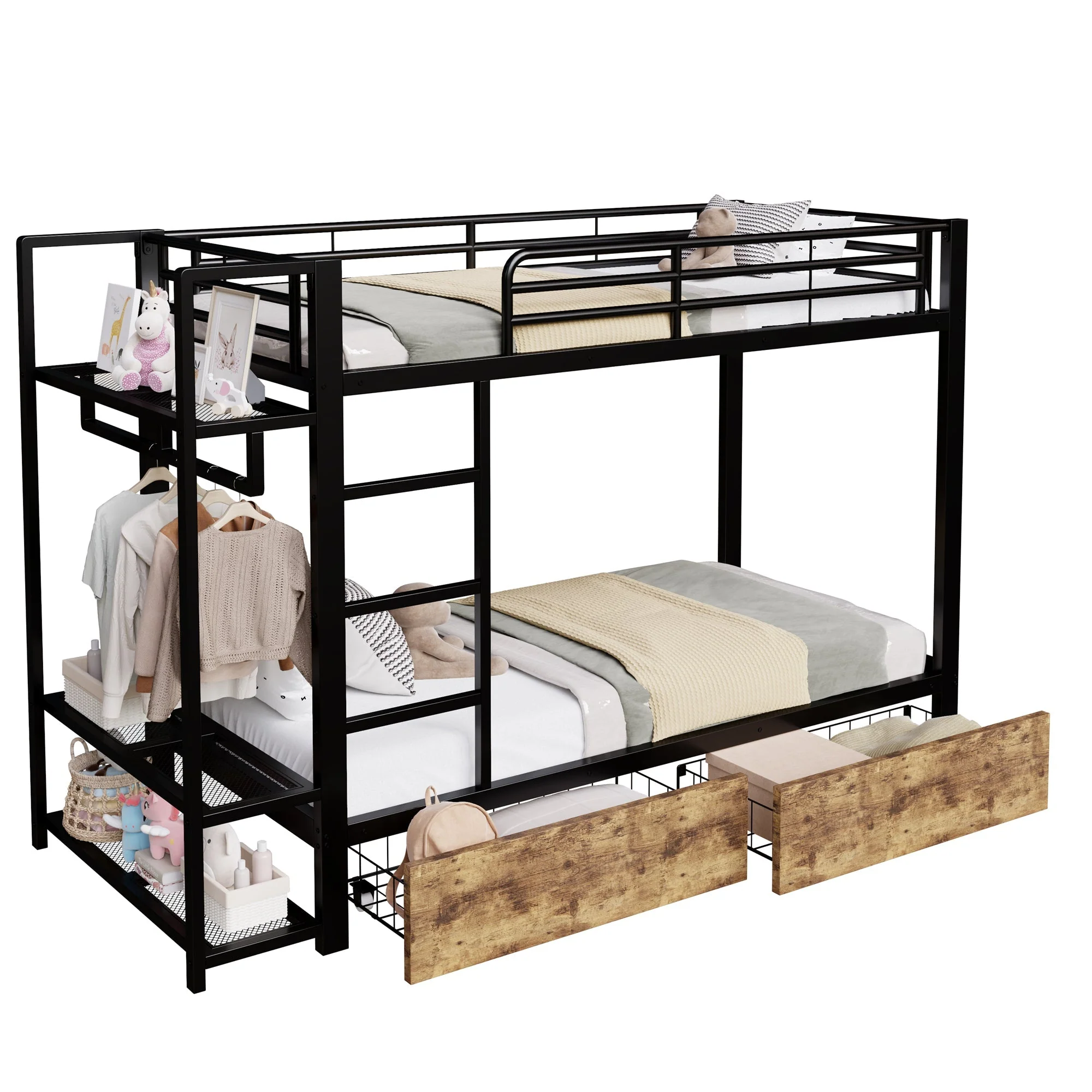 Bunk Bed with 2 Drawers, Shelves, LED and Clothes Rail, 90x200cm, Black Iron Frame - Image 9