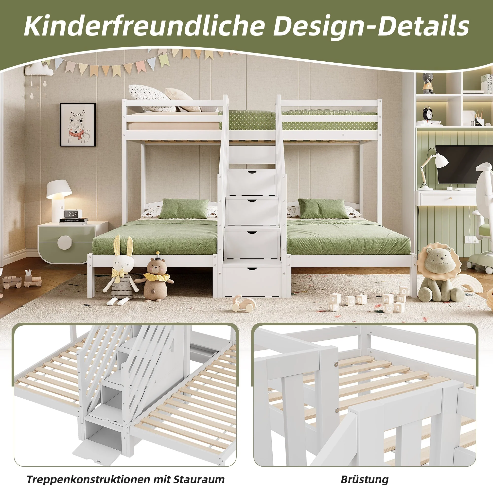 Bunk Bed with 3 Beds and Storage Ladder, White Pine Wood - Image 2