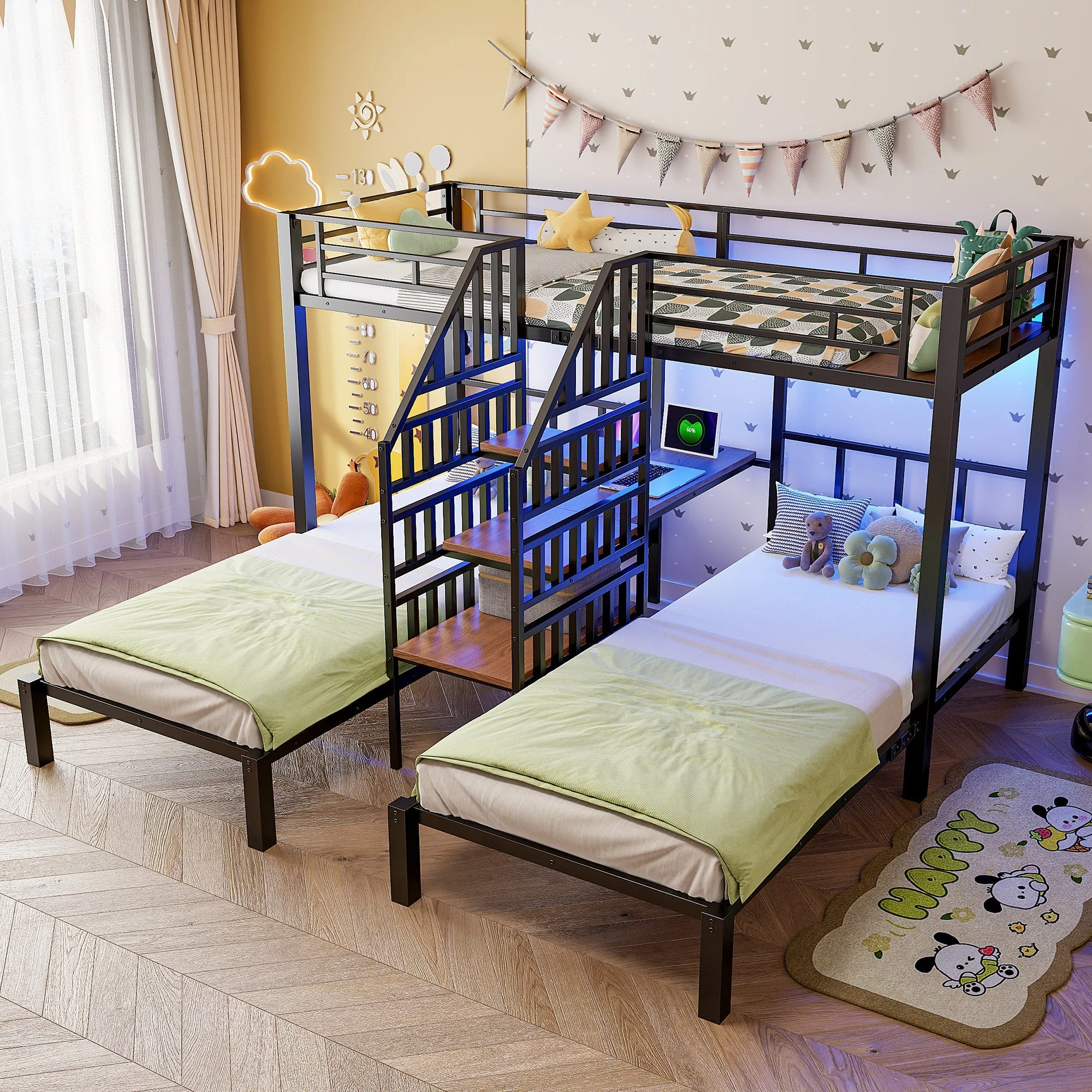 Bunk Bed with 3 Beds, LED Lights, Desk and USB Ports, Black - Image 2