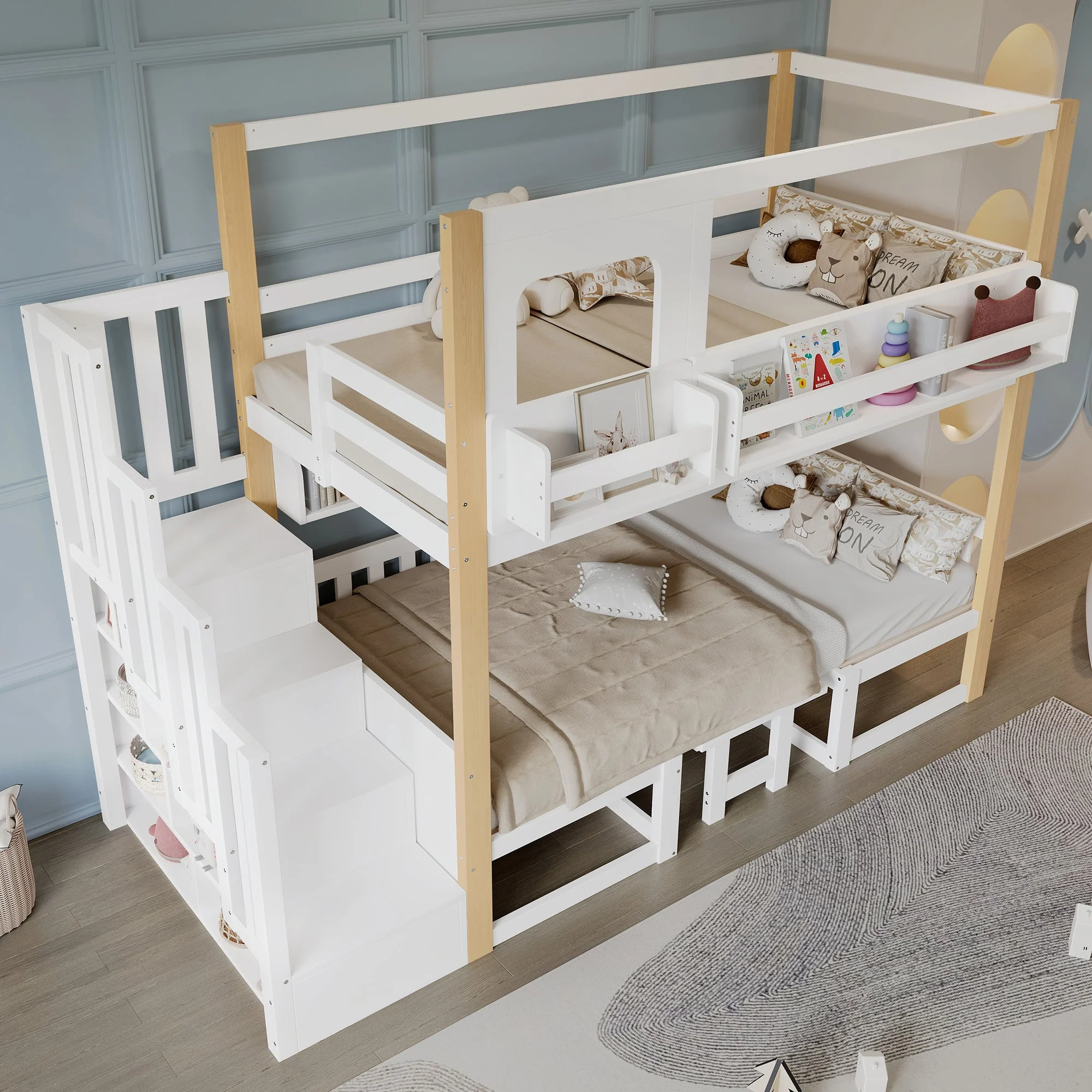 Bunk Bed with Adjustable Table, Bookshelf and Storage Stairs, 90x200cm, White and Natural Pine + MDF - Image 6
