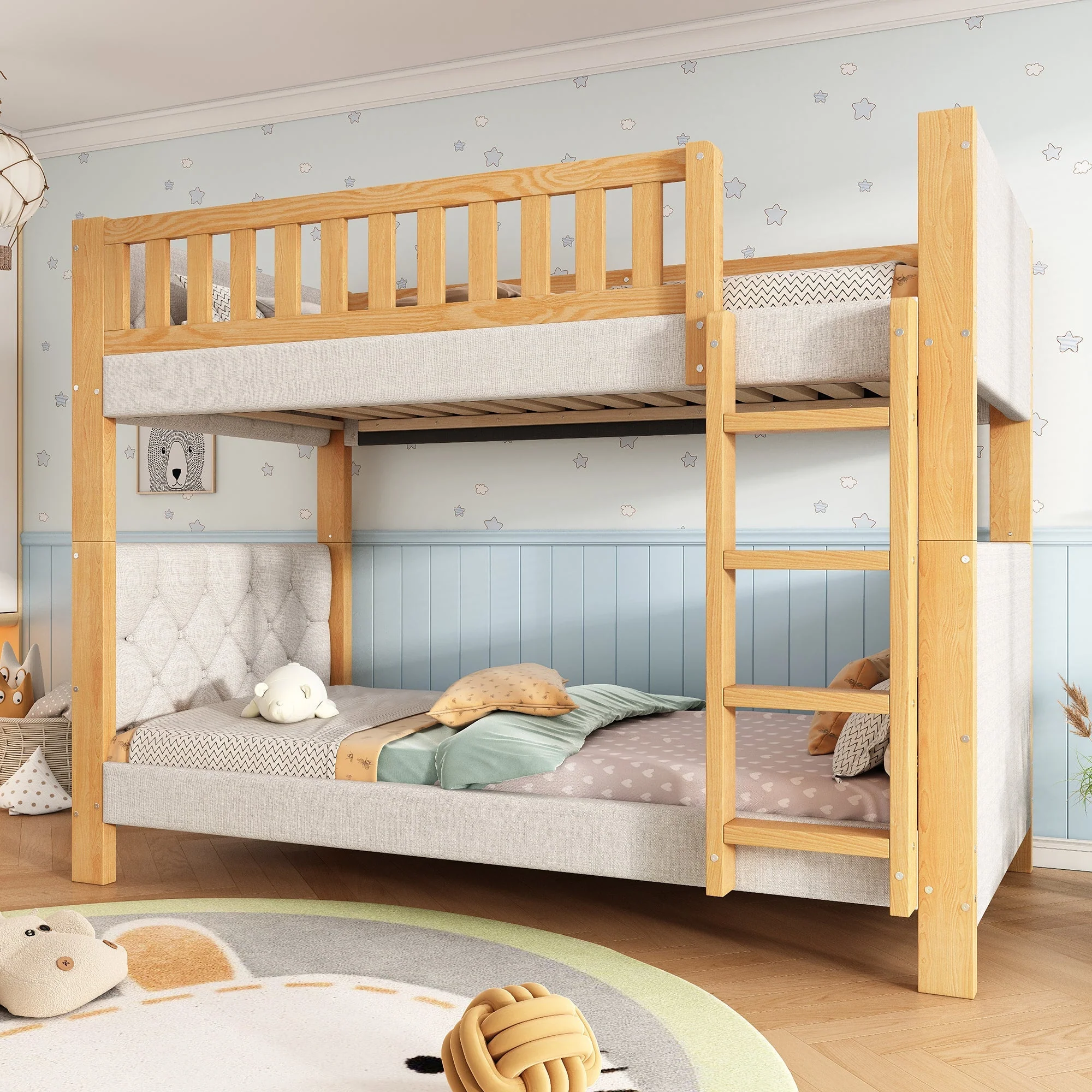 Bunk Bed with Anti-Collision Sponge Edge and Straight Staircase, 90x200cm, Grey and Natural Rubberwood + MDF - Image 3