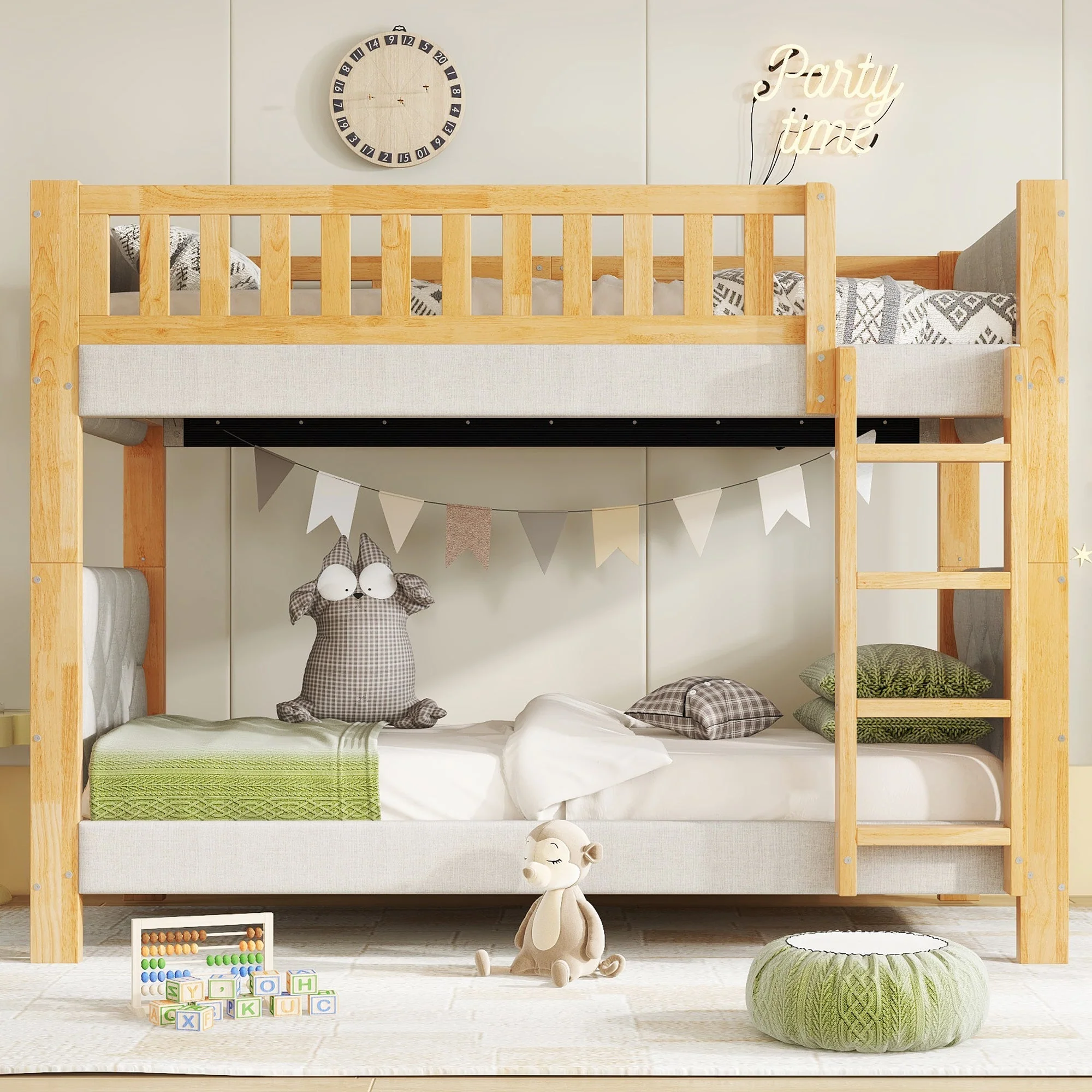 Bunk Bed with Anti-Collision Sponge Edge and Straight Staircase, 90x200cm, Grey and Natural Rubberwood + MDF - Image 5