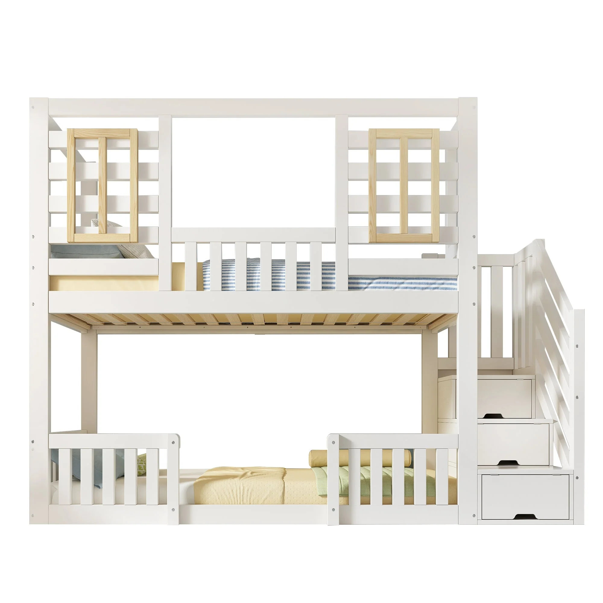 Bunk Bed with Cabin Style Windows and Staircase Cupboard, 90x200cm, White Wood - Image 4
