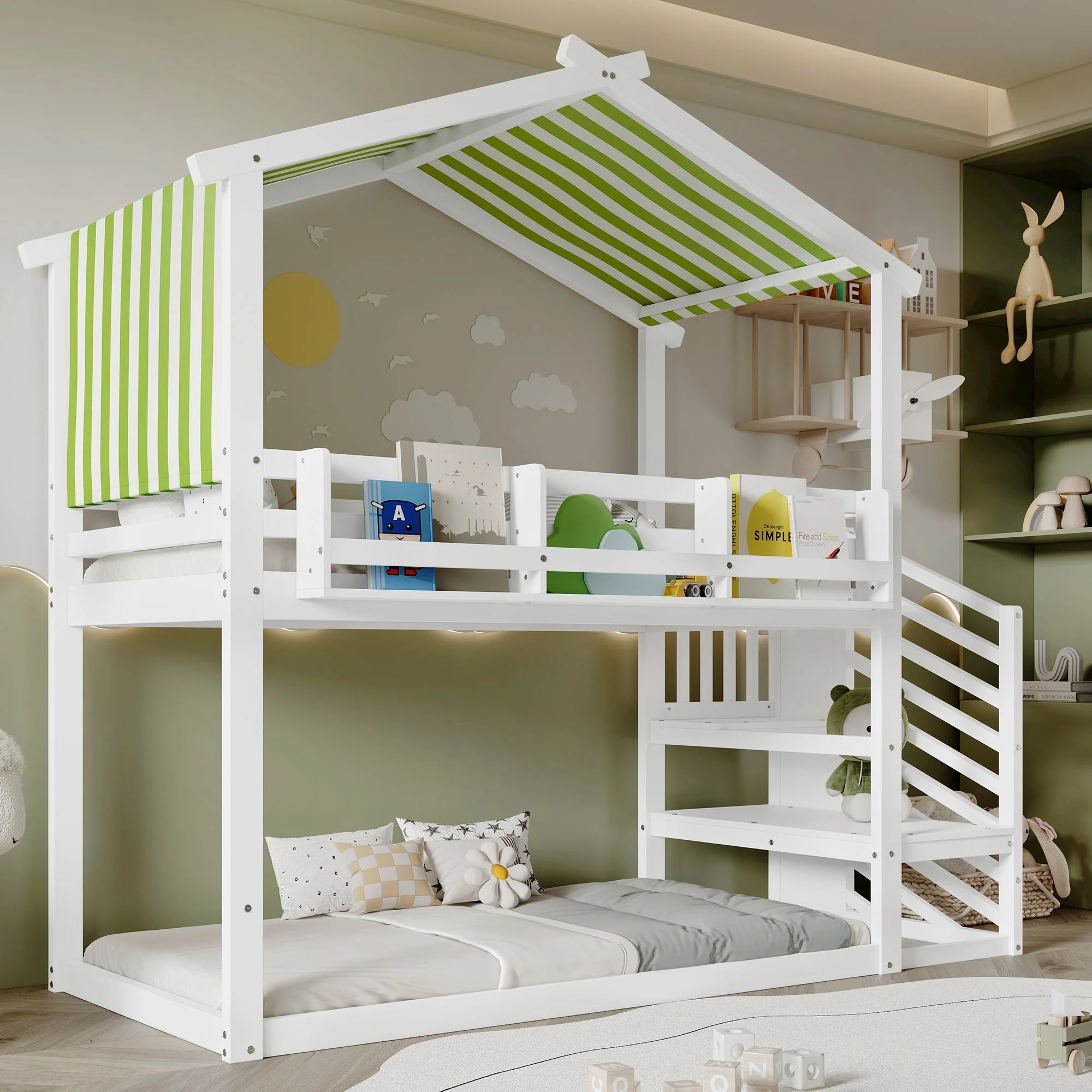 Bunk Bed with Decorative Canopy, Corner Staircase & Picture Bookshelf, 3ft 90x190cm, MDF Pinewood Plywood, White + Green - Image 3