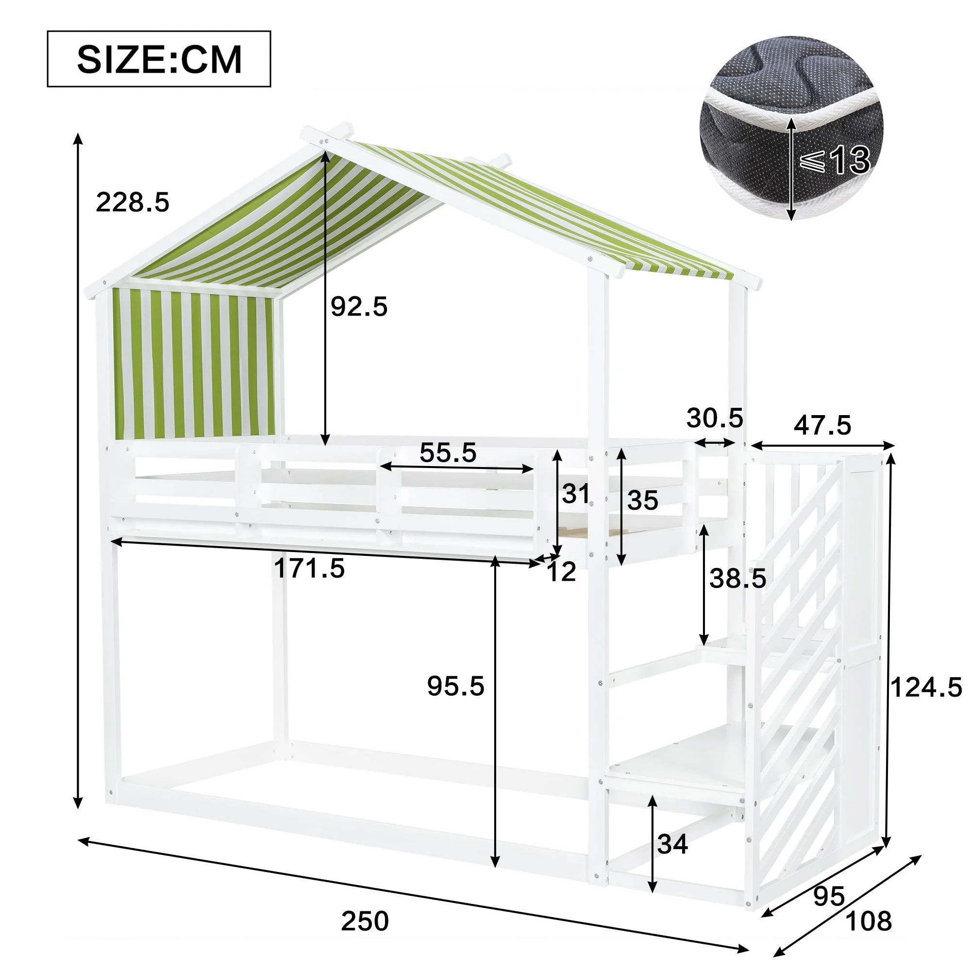 Bunk Bed with Decorative Canopy, Corner Staircase & Picture Bookshelf, 3ft 90x190cm, MDF Pinewood Plywood, White + Green - Image 4