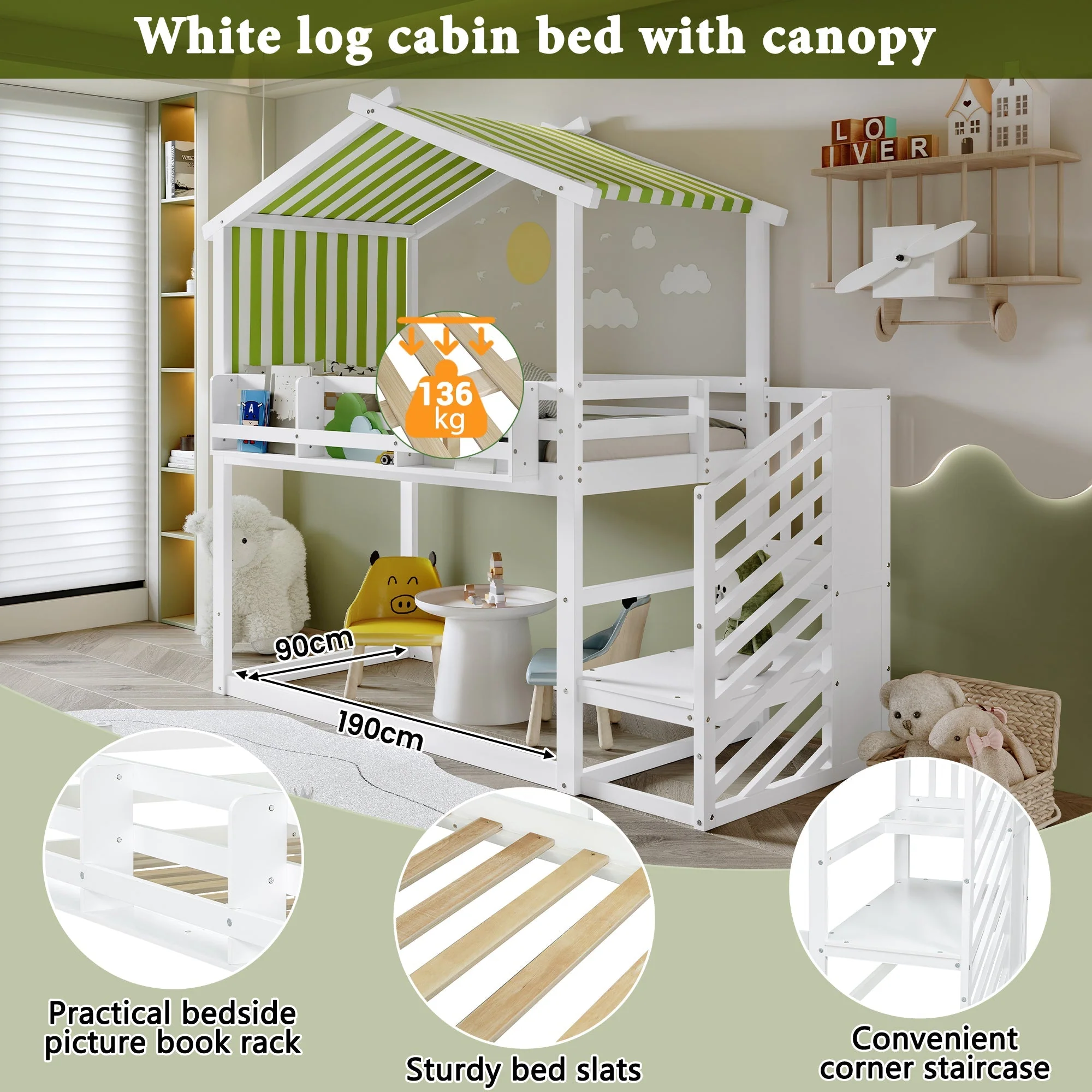 Bunk Bed with Decorative Canopy, Corner Staircase & Picture Bookshelf, 3ft 90x190cm, MDF Pinewood Plywood, White + Green - Image 5
