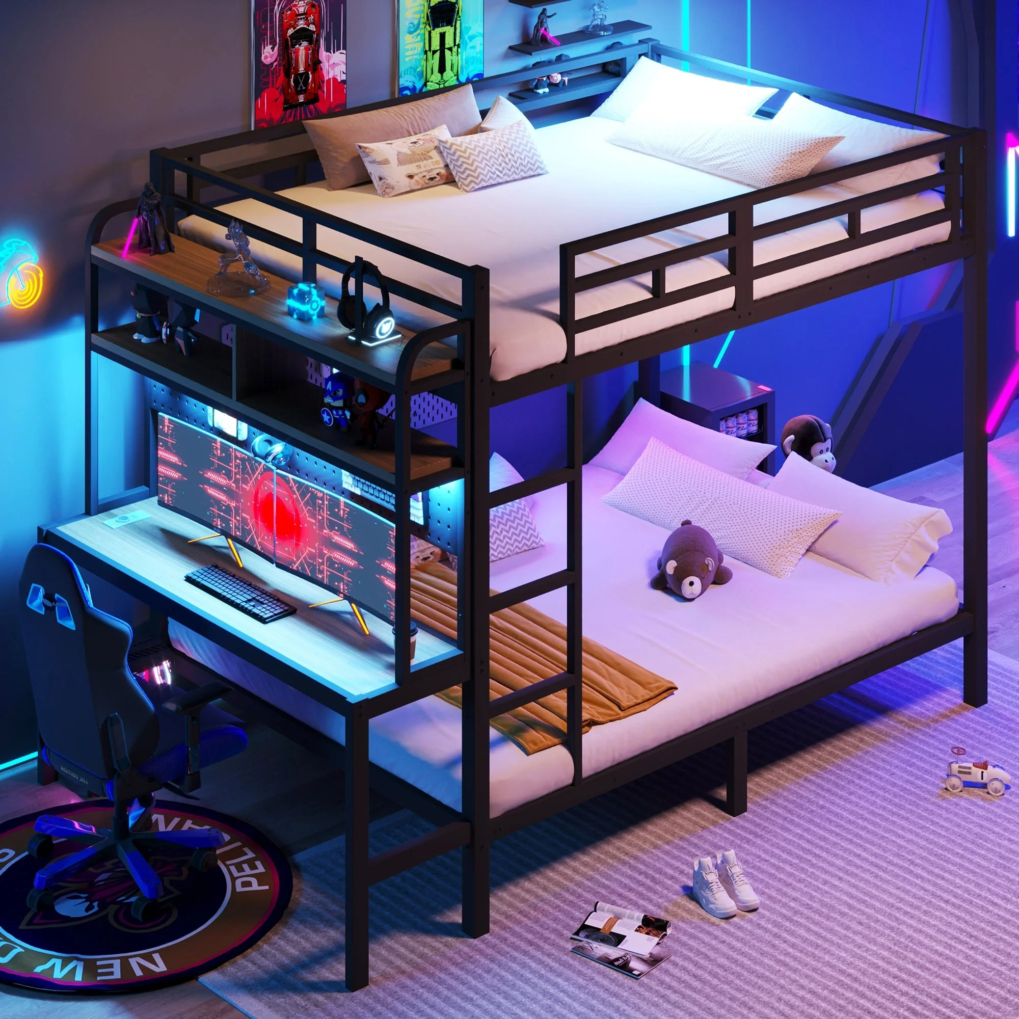Bunk Bed with Desk, Storage, LED Light and USB Port, 140 x 200 cm, Black Iron - Image 4