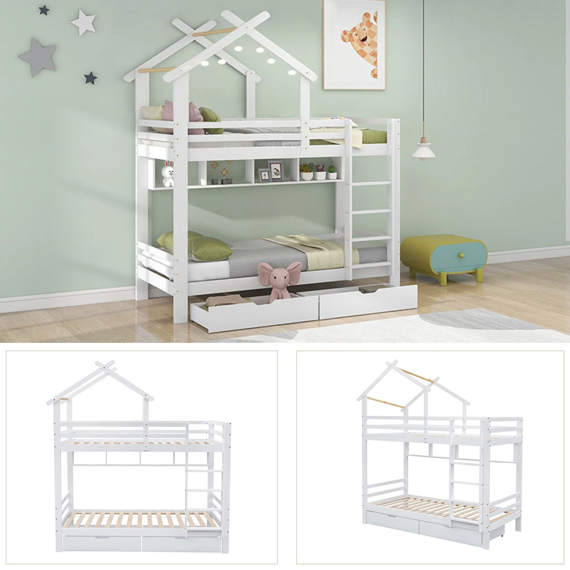 Bunk Bed with Drawers, Shelves & Ladder, Pinewood Frame, White - Image 8