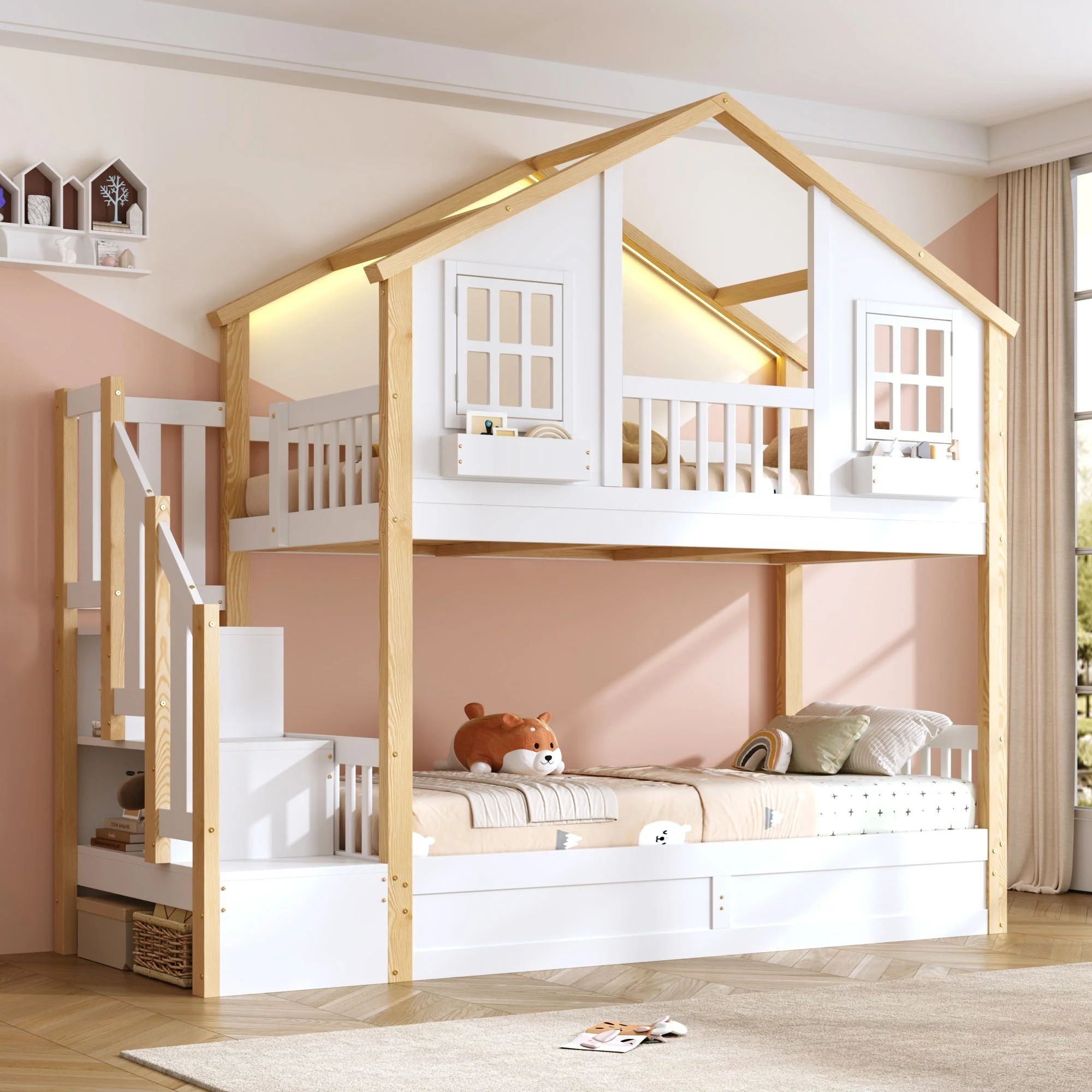 Bunk Bed with Hydraulic Lower Bed, LED Lighting and Storage Stairs, 90x200cm, White and Natural Solid Wood - Image 2