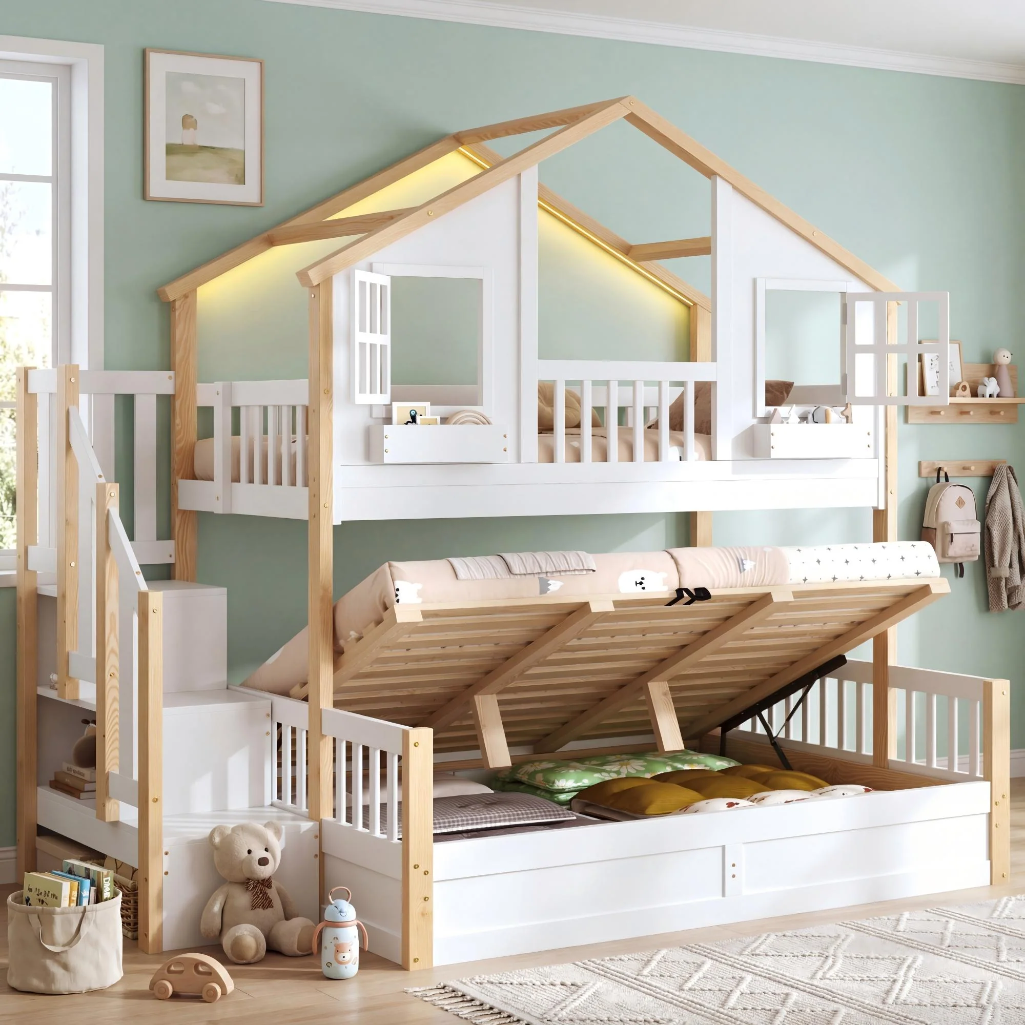 Bunk Bed with Hydraulic Storage, LED, and Stairs, 90x200/140x200cm, White and Natural Wood - Image 4