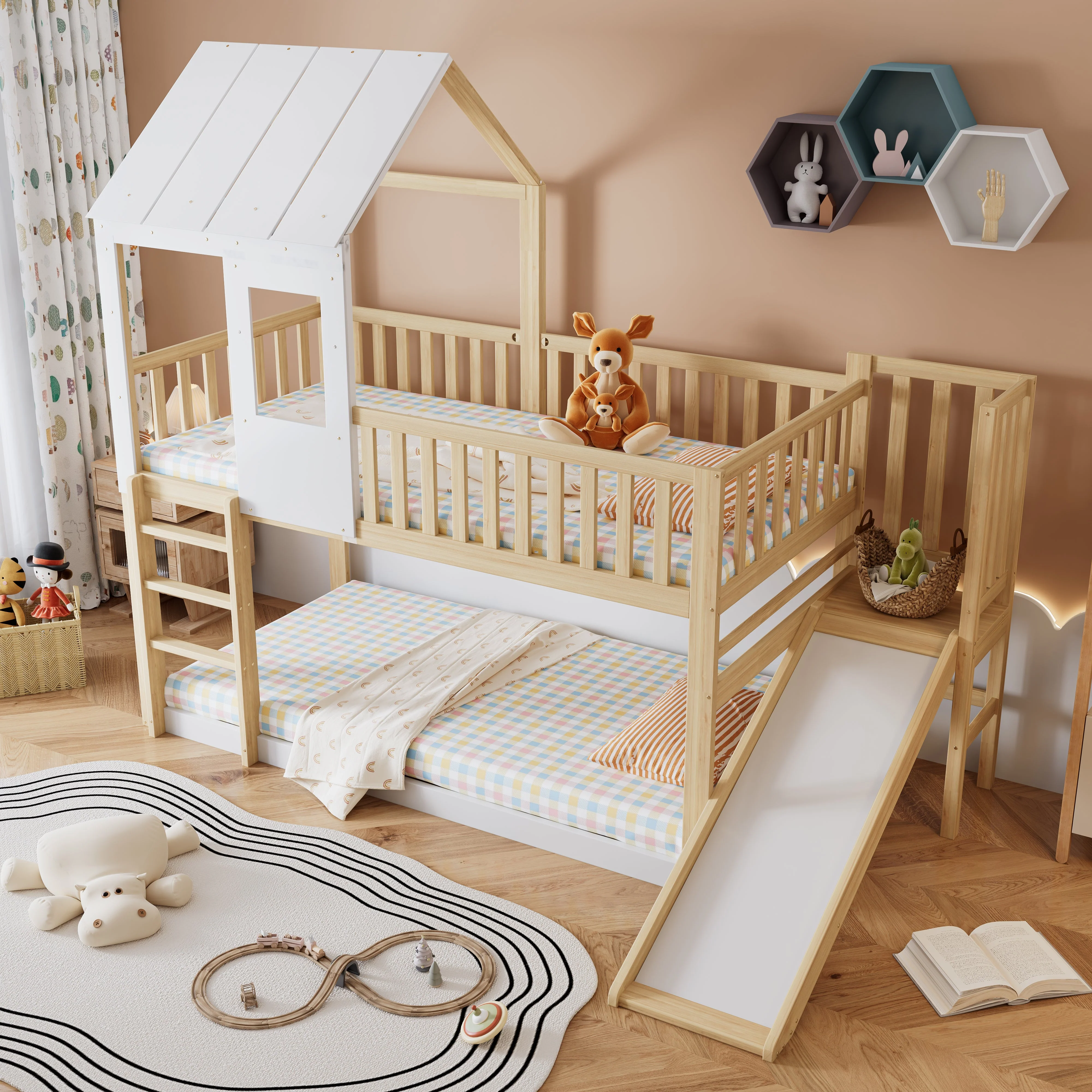 Bunk Bed with Ladder, Slide, Roof & Window, Pine Wood, Natural + White - Image 3