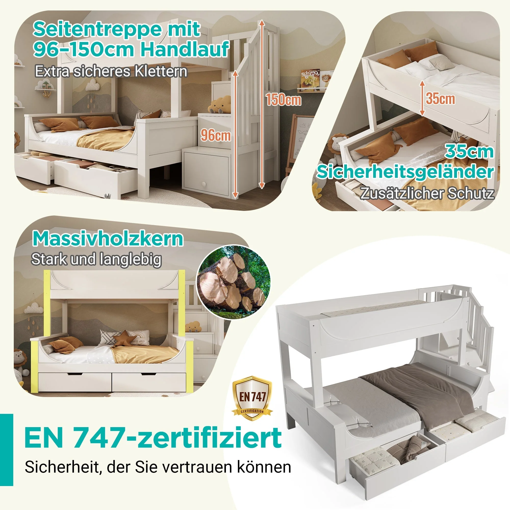 Bunk Bed with Ladder, Wardrobe, & Drawers, Sleigh Design 90/140x200cm Wooden White - Image 3
