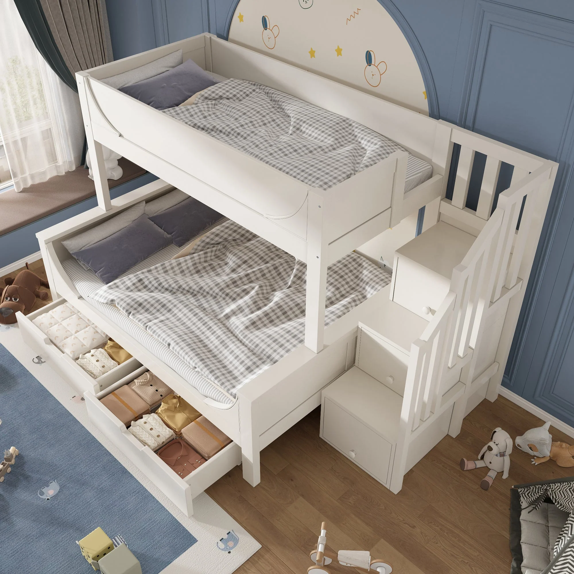 Bunk Bed with Ladder, Wardrobe, & Drawers, Sleigh Design 90/140x200cm Wooden White - Image 8