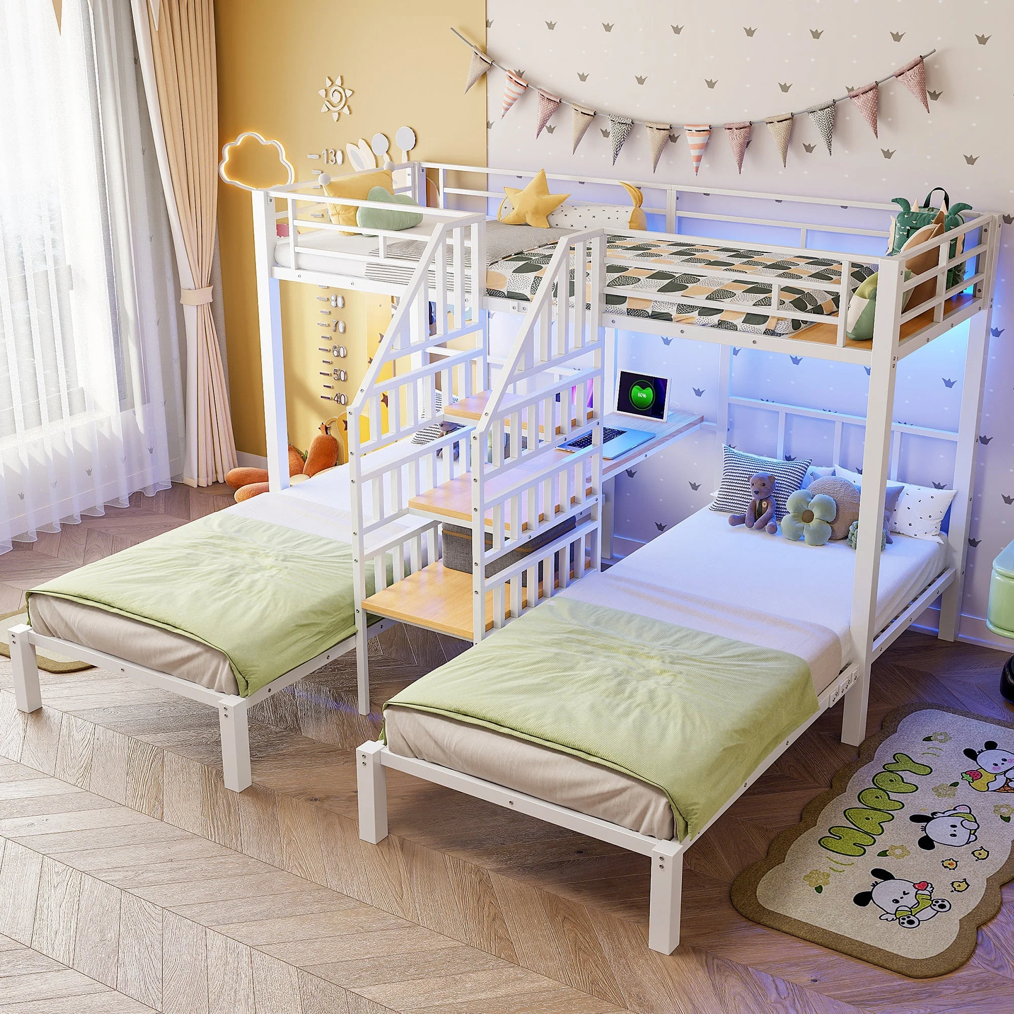 Bunk Bed with LED Lights, Integrated Storage Ladder, USB Ports and Desk, White - Image 2