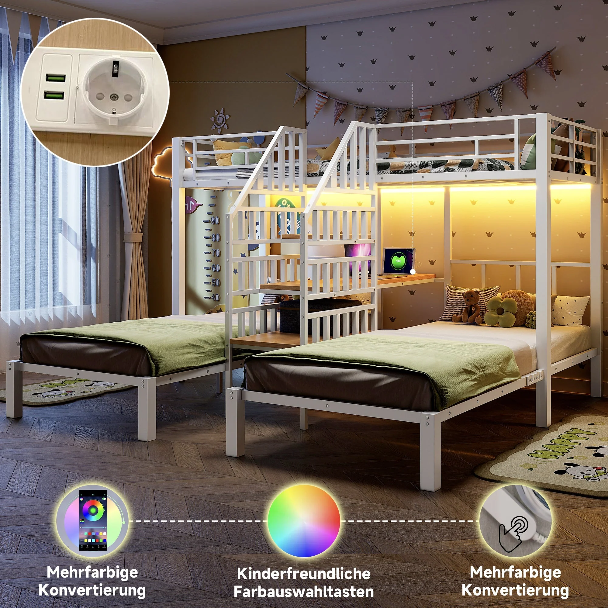 Bunk Bed with LED Lights, Integrated Storage Ladder, USB Ports and Desk, White - Image 6