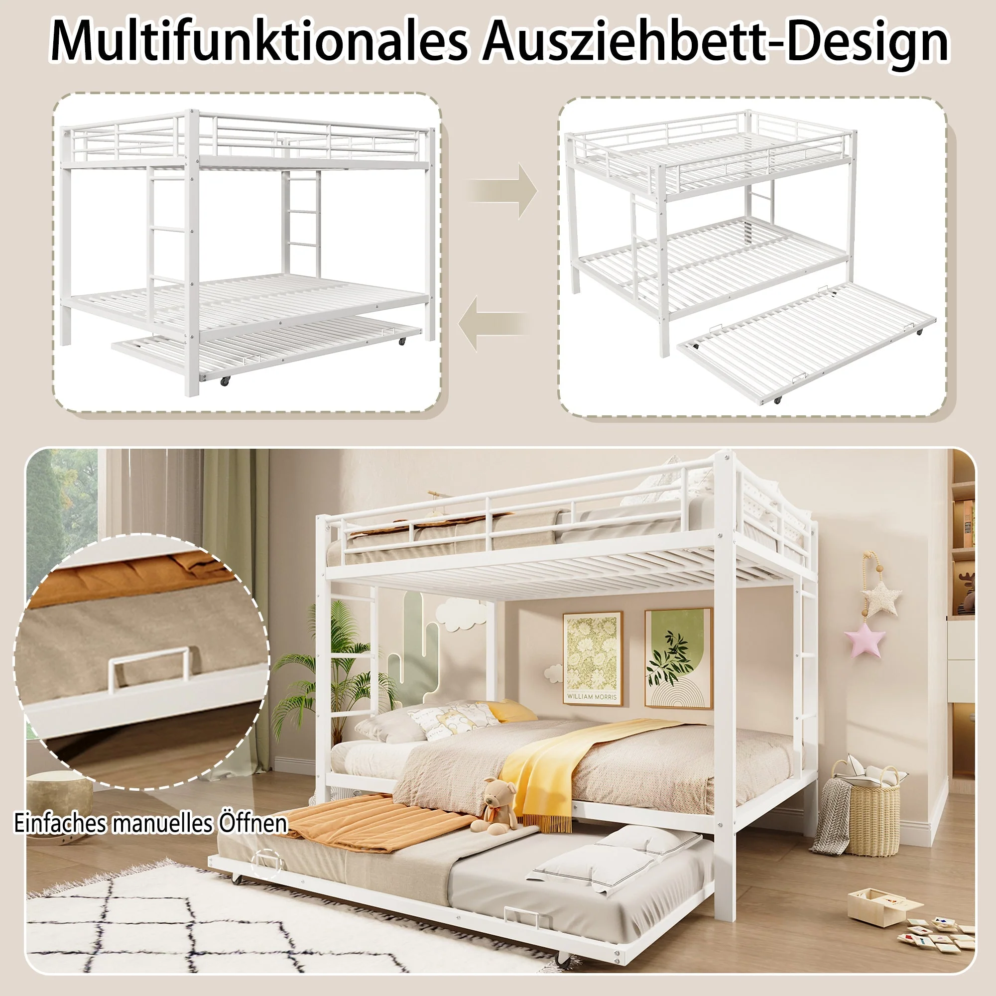 Bunk Bed with Pull-Out Bed and High Railings, 140x200cm Iron Frame, White - Image 3