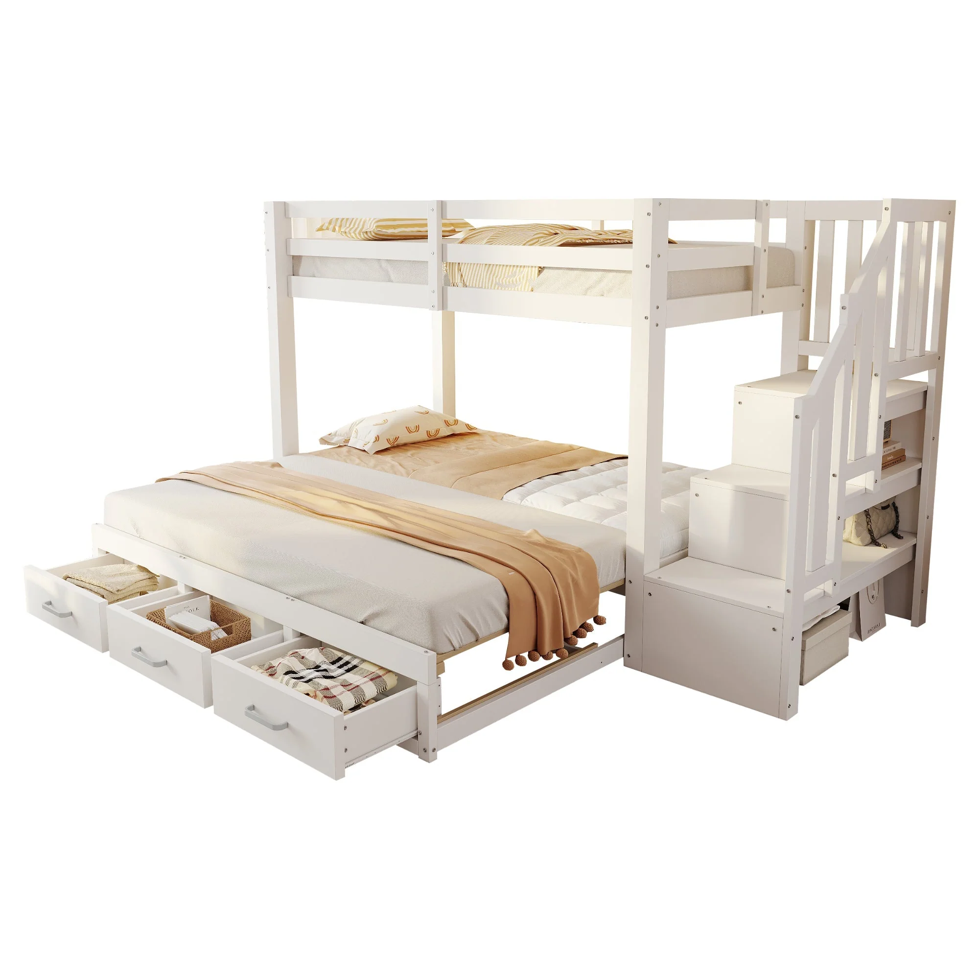 Bunk Bed with Pull-out Bed, Storage Ladder and Drawers, 90x200cm, White Wood - Image 8