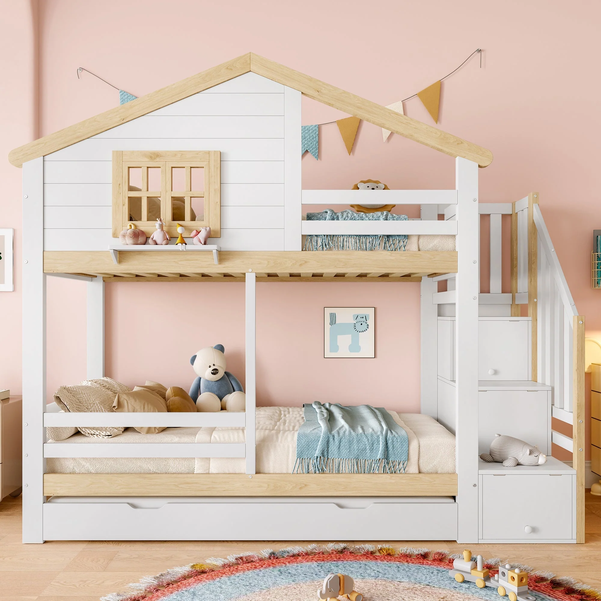 Bunk Bed with Pull-out Bed, Storage Ladder and House Frame, White and Natural - Image 4