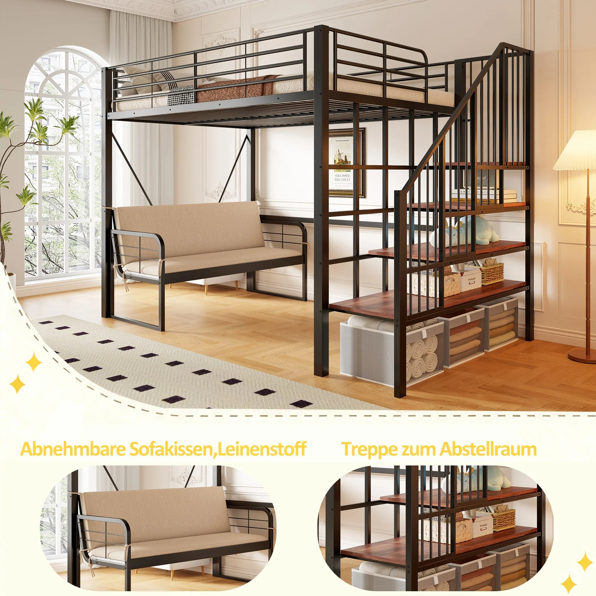 Bunk Bed with Removable Sofa and Storage Stairs, 140x200cm, Black Metal - Image 4