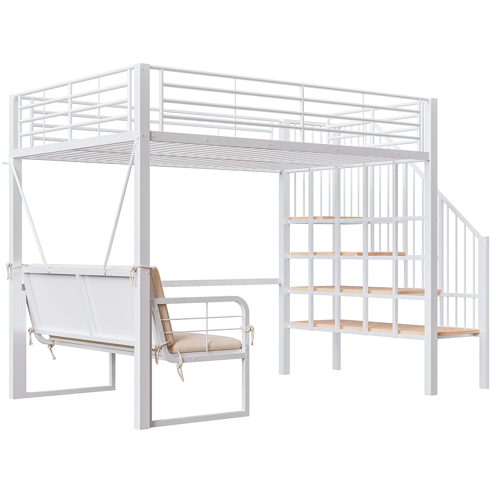 Bunk Bed with Removable Sofa, Storage and Safety Stairs, 140x200cm, White Metal - Image 7