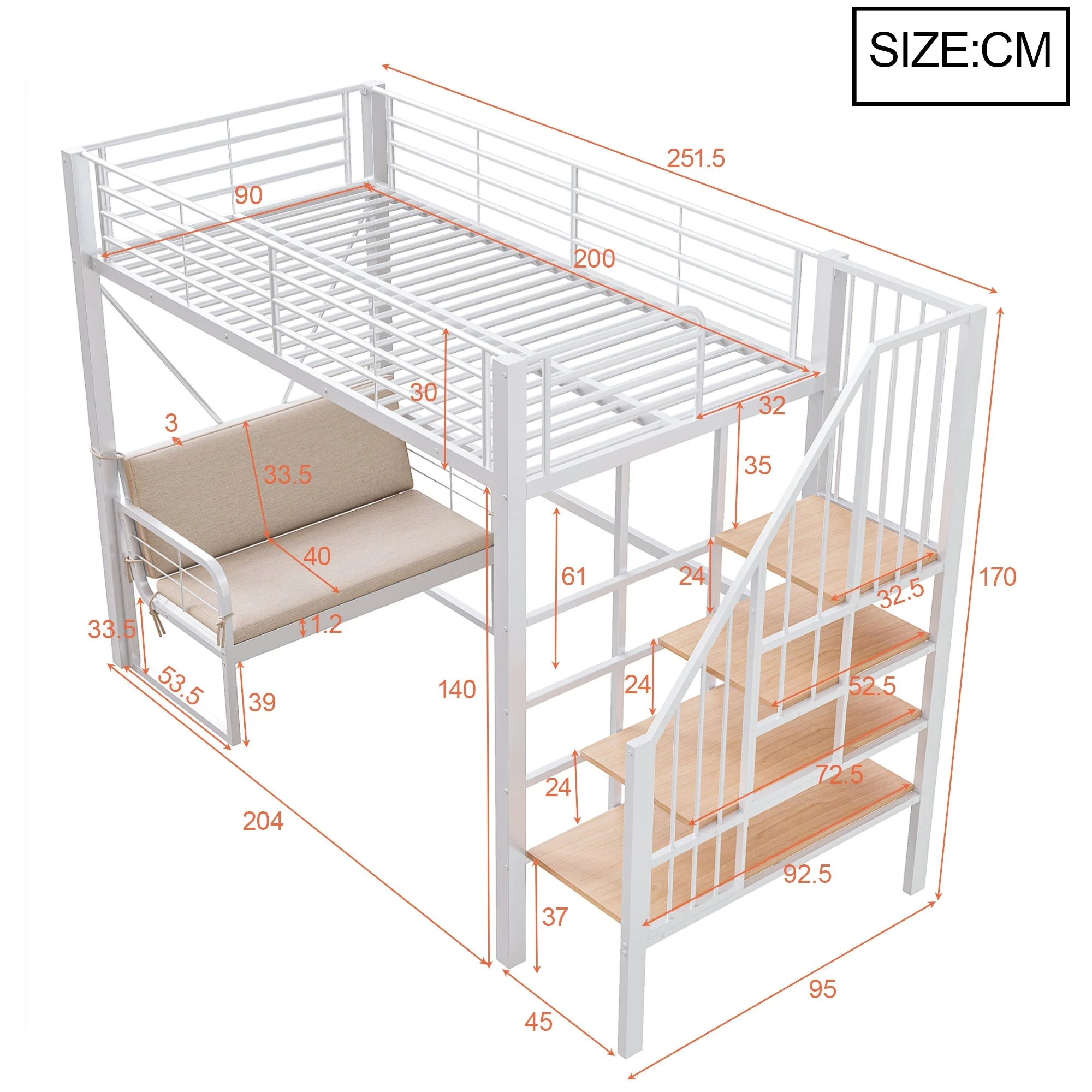 Bunk Bed with Removable Sofa, Storage and Safety Stairs, 90x200cm, White Metal - Image 5