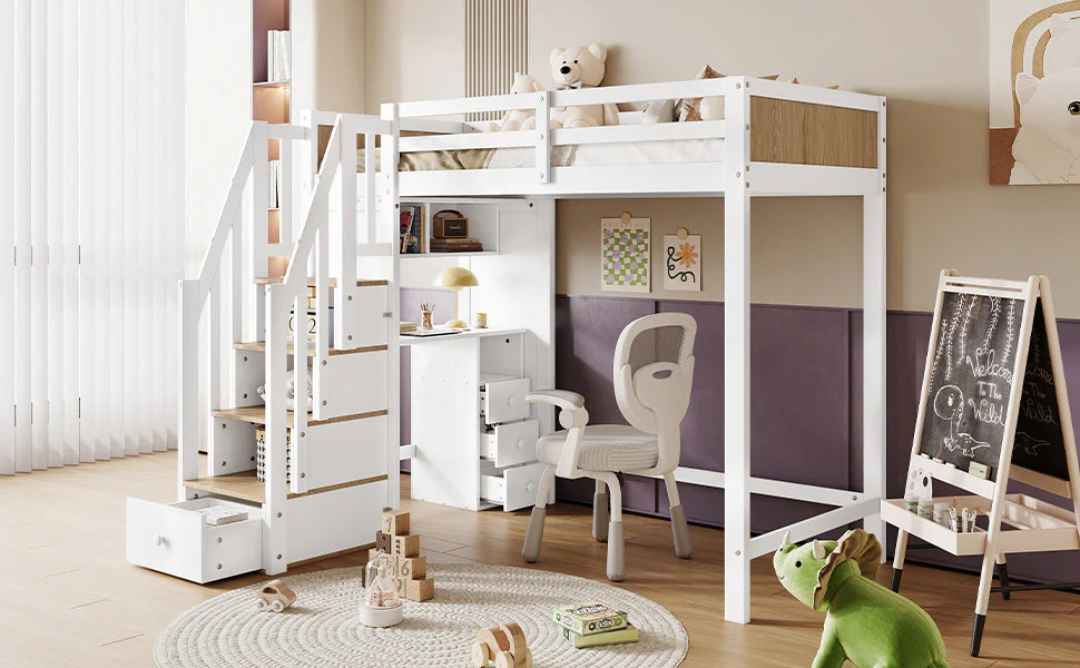 Bunk Bed with Safety Gate, Desk & Storage, Pine+MDF White+Natural - Image 8