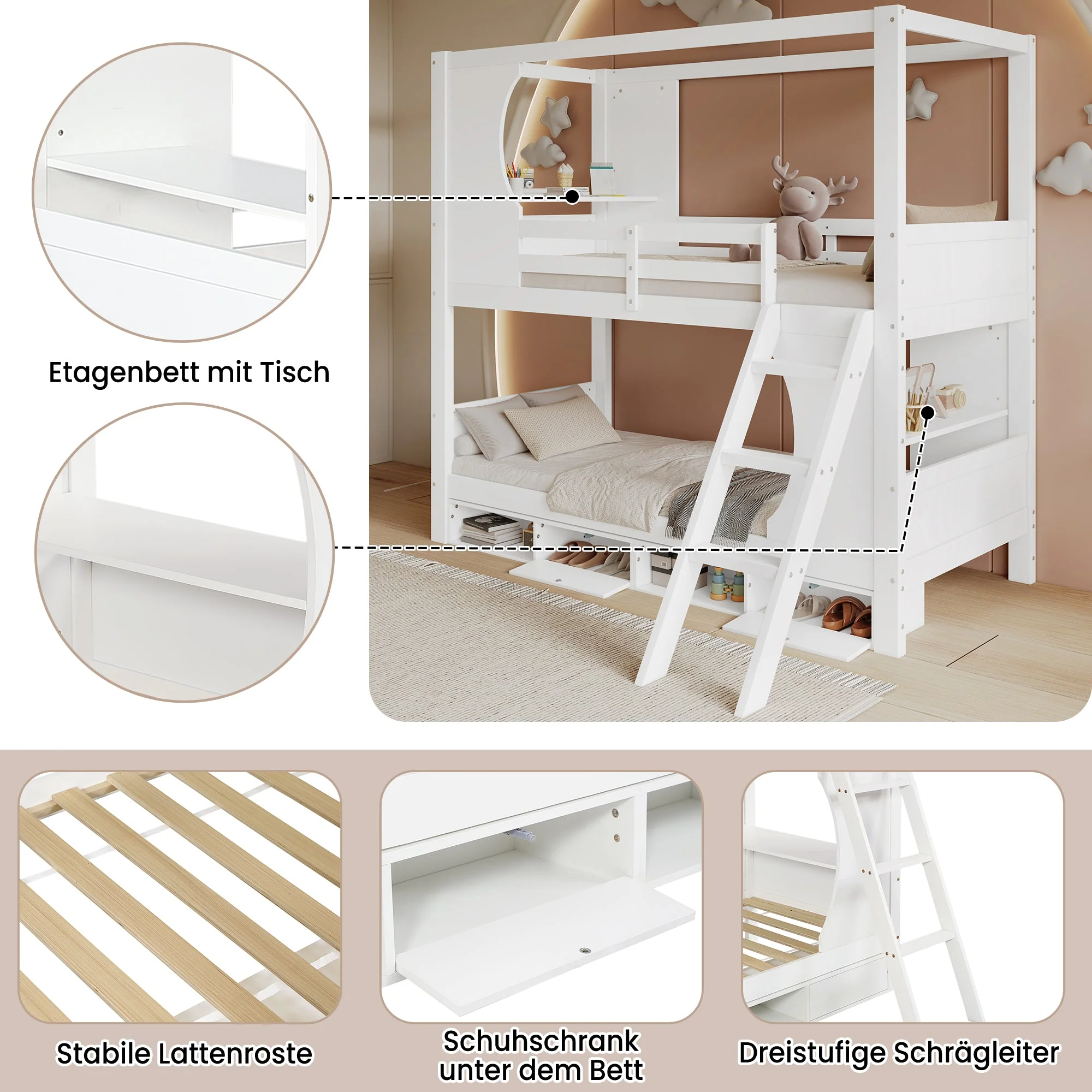 Bunk Bed with Safety Gate, Table, Shoe Cabinet, Ladder, Pine+MDF+Plywood, White - Image 4