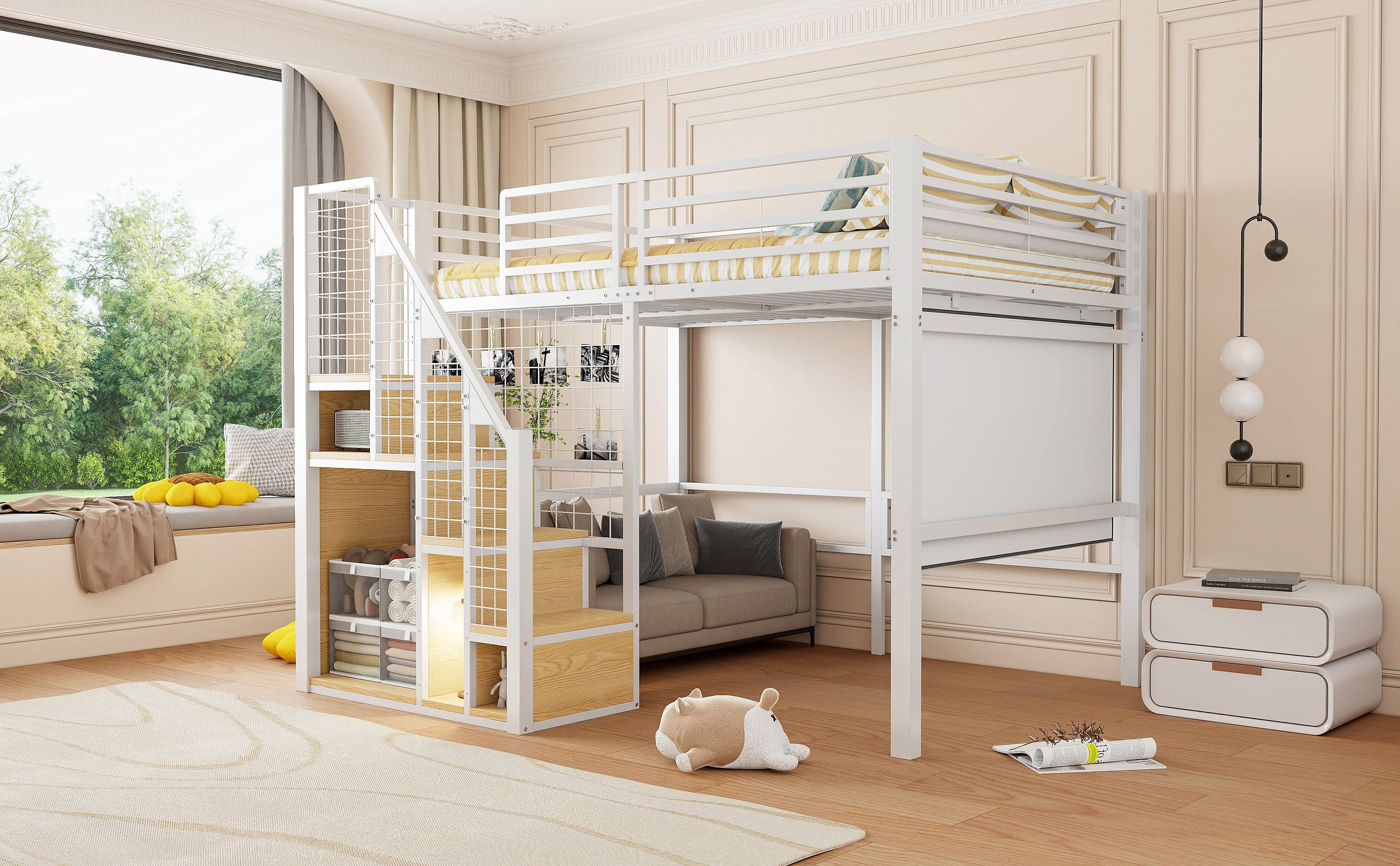 Bunk Bed with Safety Ladder and Storage Area, 140x200cm, White Iron Frame - Image 9