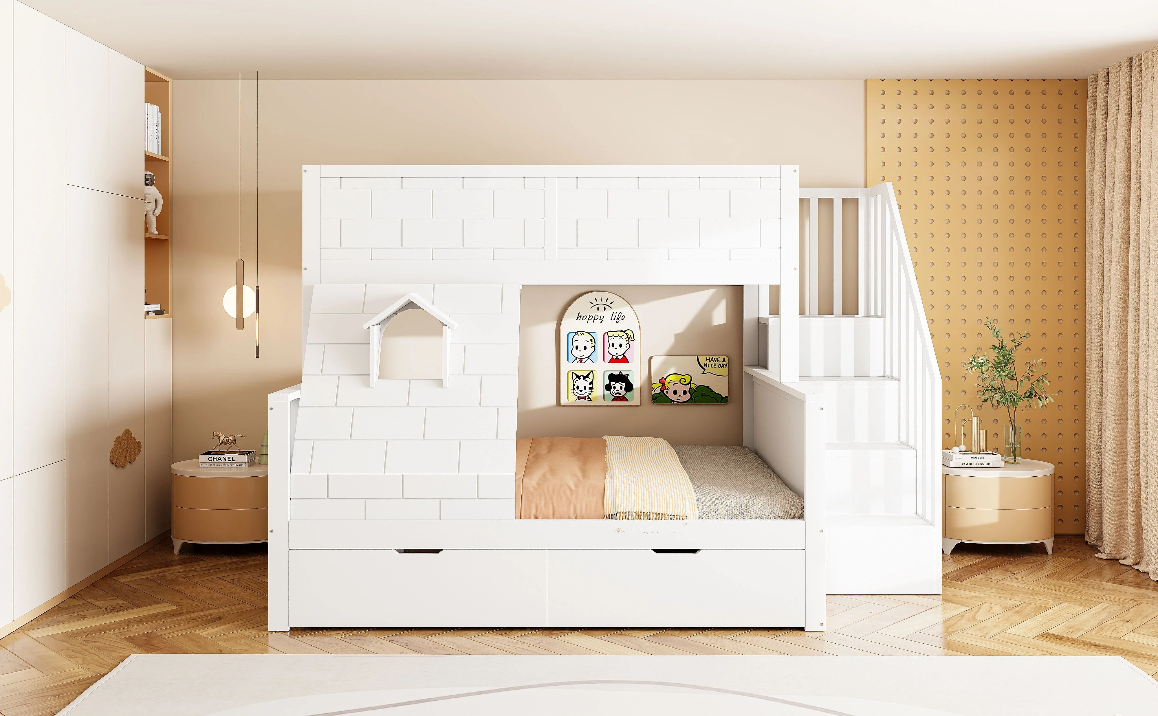 Bunk Bed with Safety Ladder, Drawers and Window, 90x200cm and 140x200cm, Solid Wood - Image 8