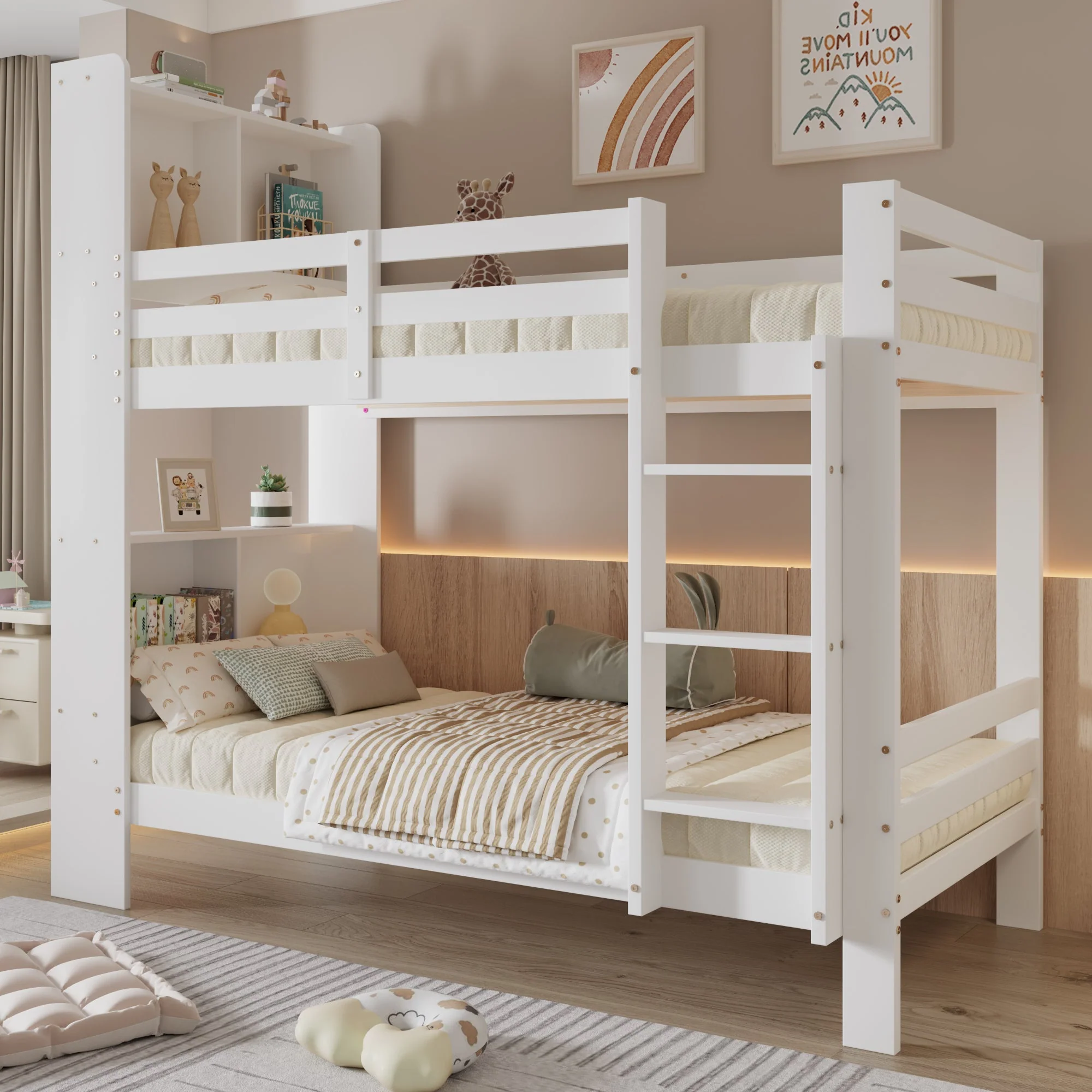 Bunk Bed with Shelves, Ladder & Storage, Solid Wood, White