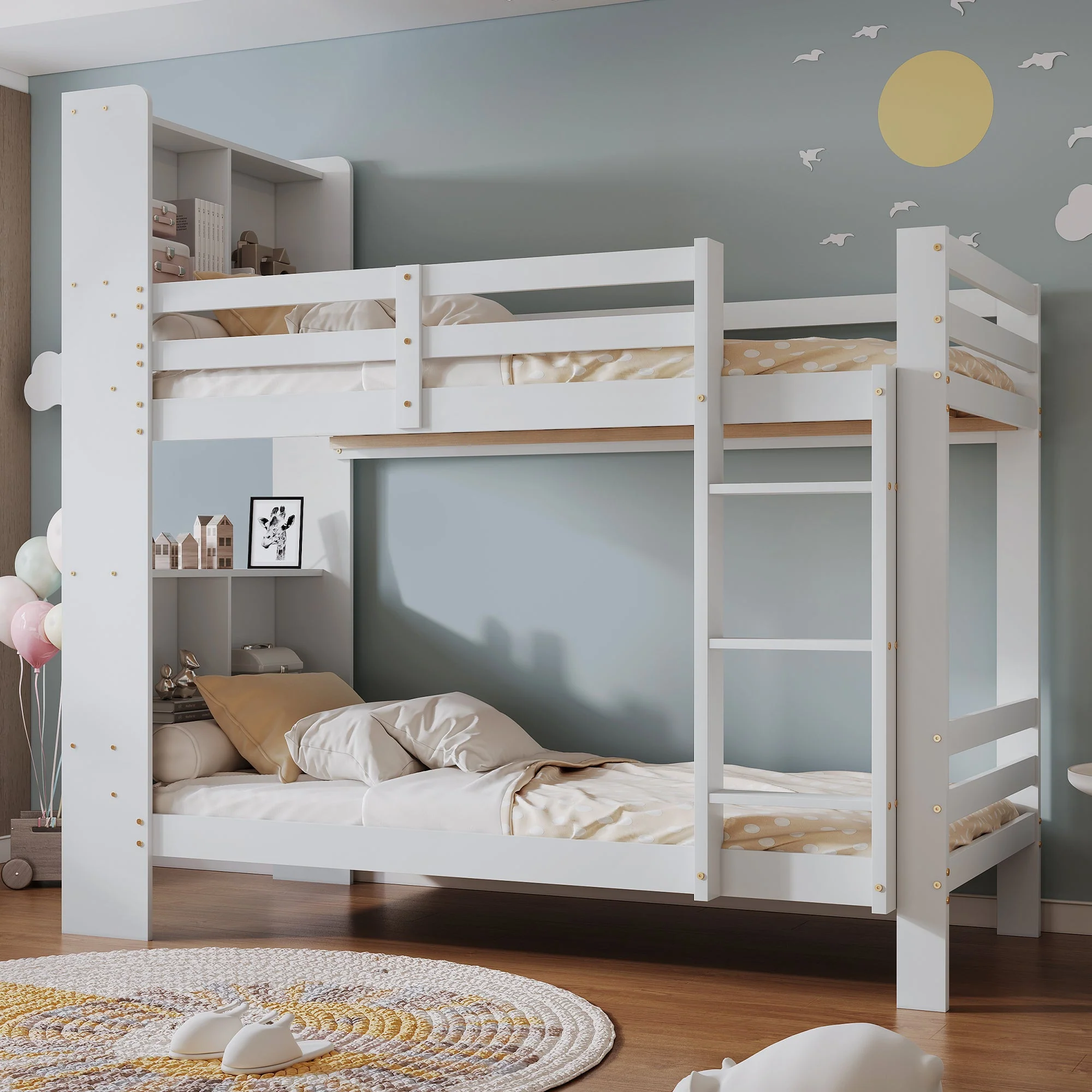 Bunk Bed with Shelves, Ladder & Storage, Solid Wood, White - Image 10