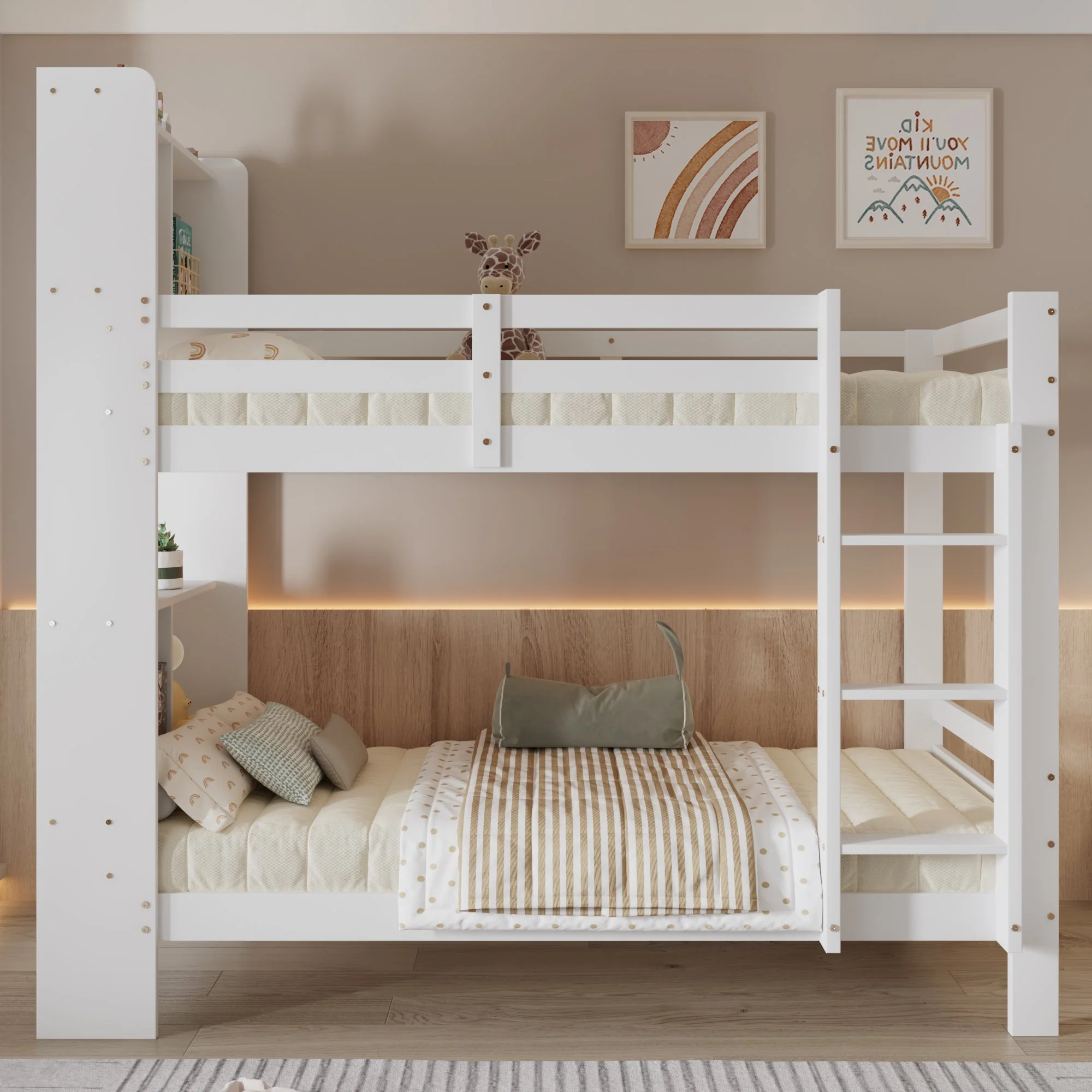 Bunk Bed with Shelves, Ladder & Storage, Solid Wood, White - Image 2