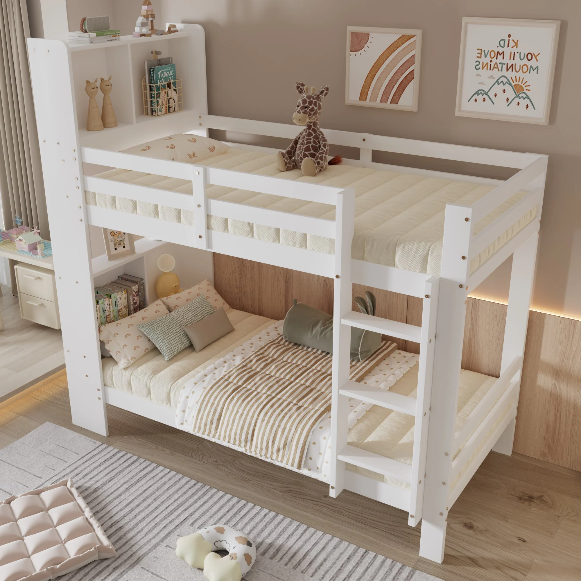 Bunk Bed with Shelves, Ladder & Storage, Solid Wood, White - Image 3