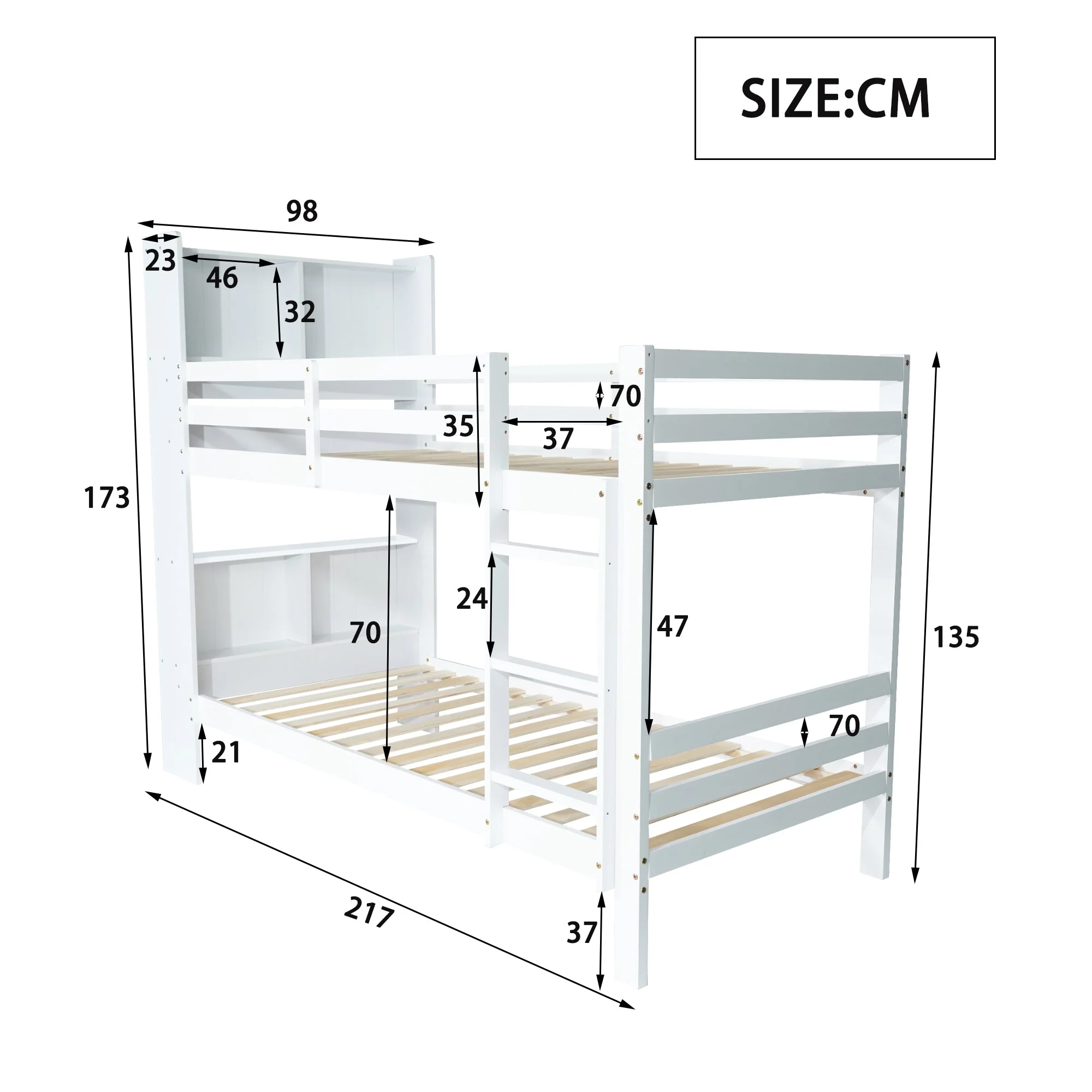 Bunk Bed with Shelves, Ladder & Storage, Solid Wood, White - Image 4
