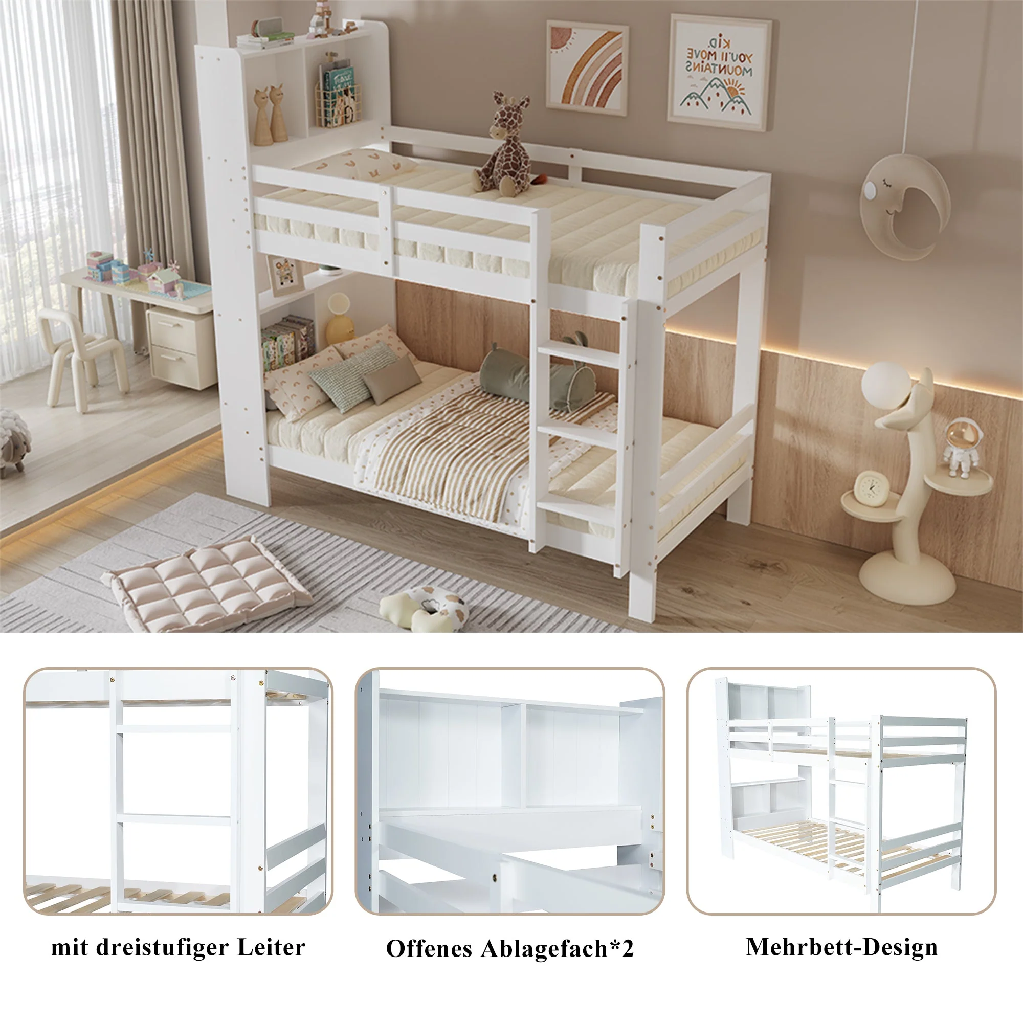 Bunk Bed with Shelves, Ladder & Storage, Solid Wood, White - Image 5