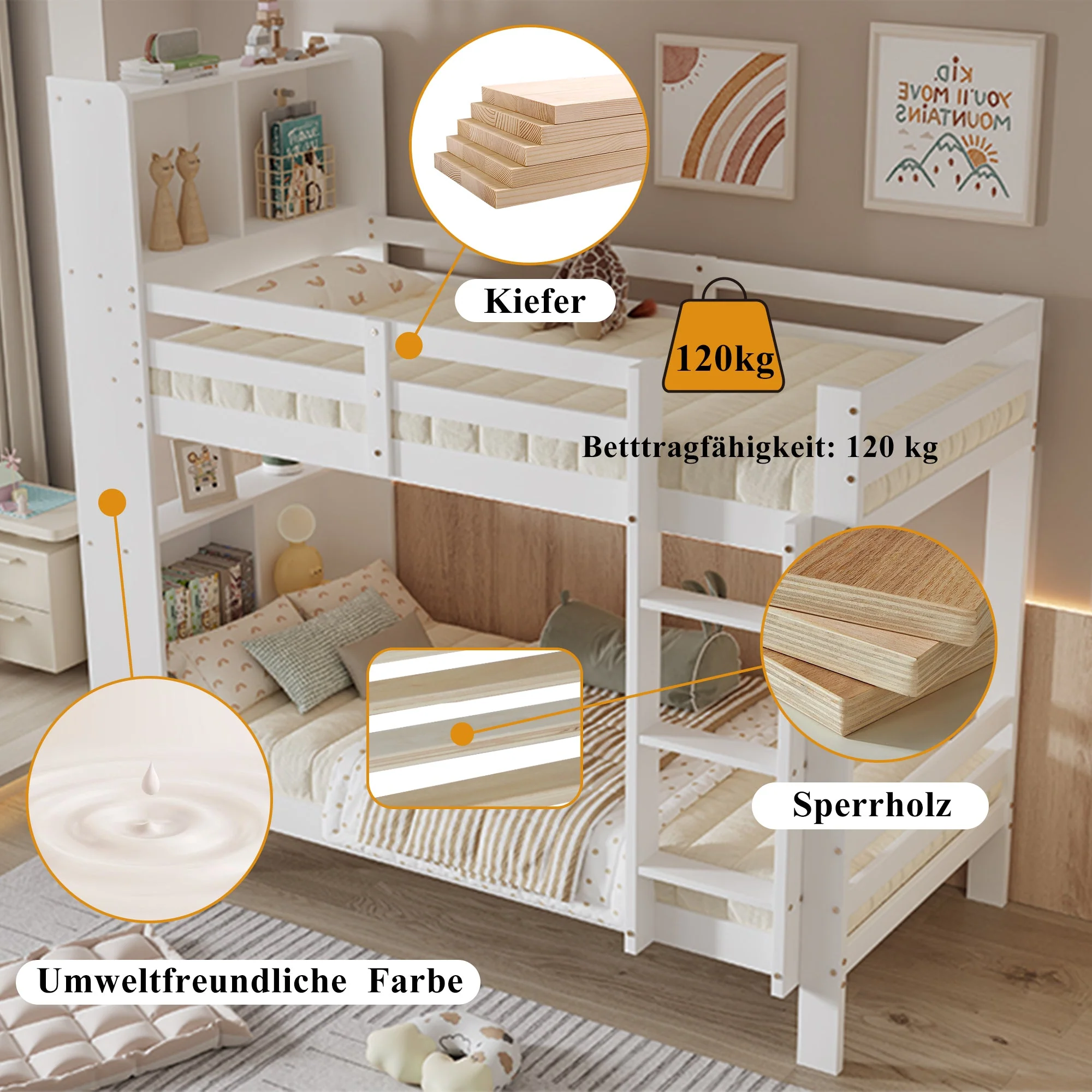 Bunk Bed with Shelves, Ladder & Storage, Solid Wood, White - Image 6