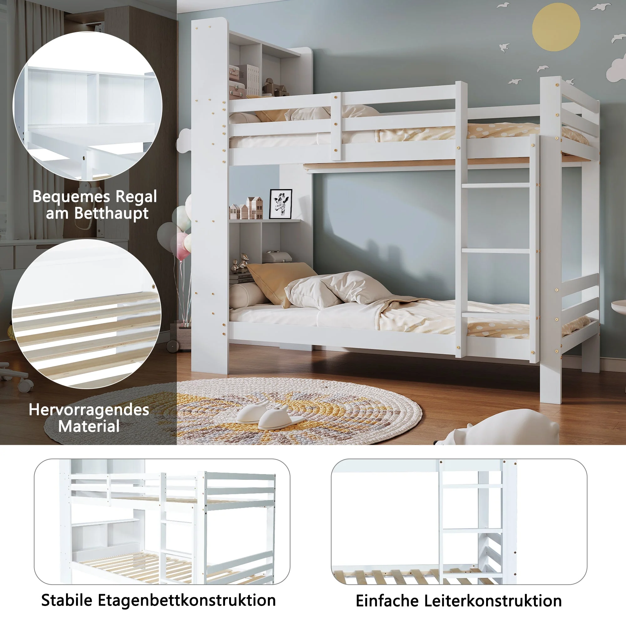 Bunk Bed with Shelves, Ladder & Storage, Solid Wood, White - Image 7