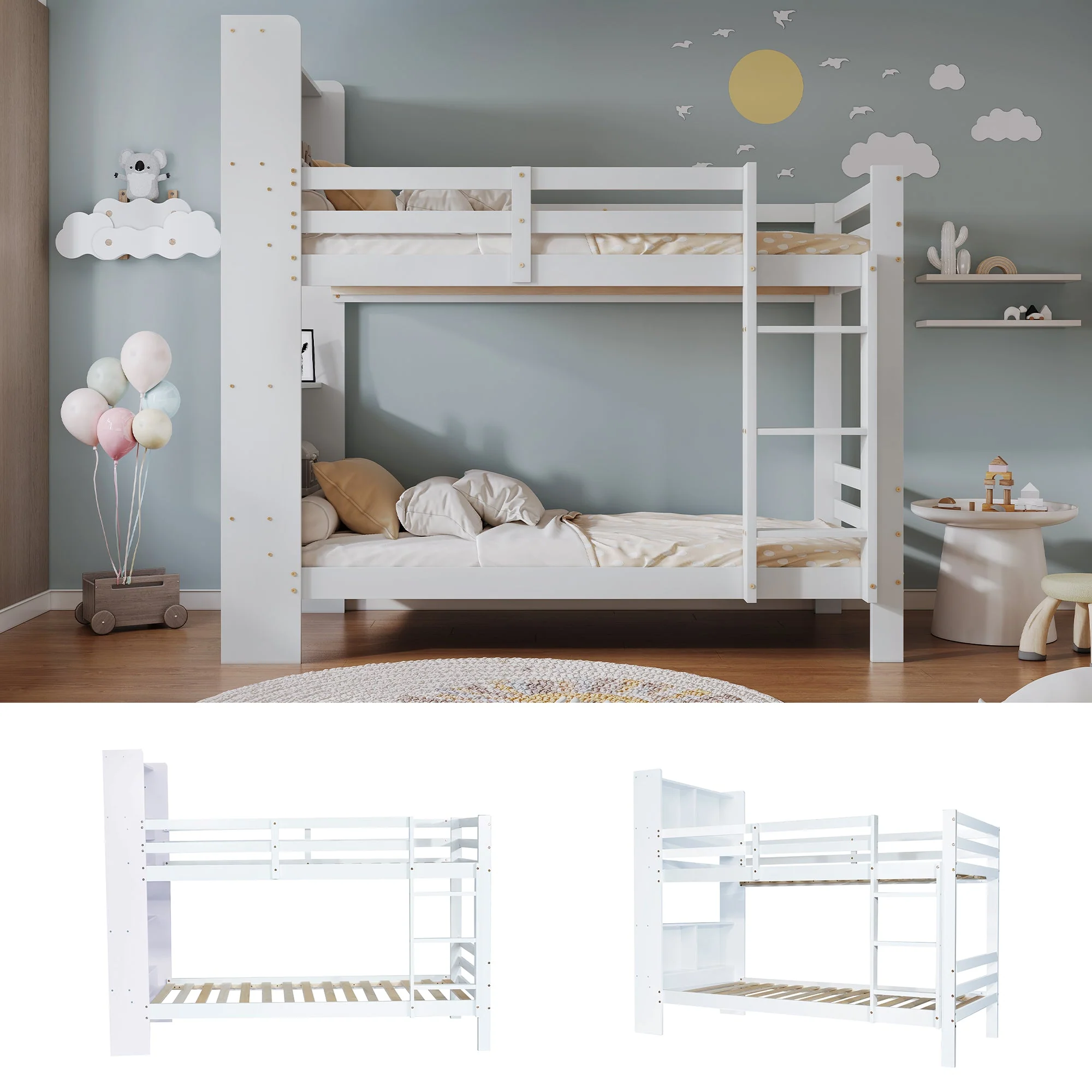 Bunk Bed with Shelves, Ladder & Storage, Solid Wood, White - Image 8