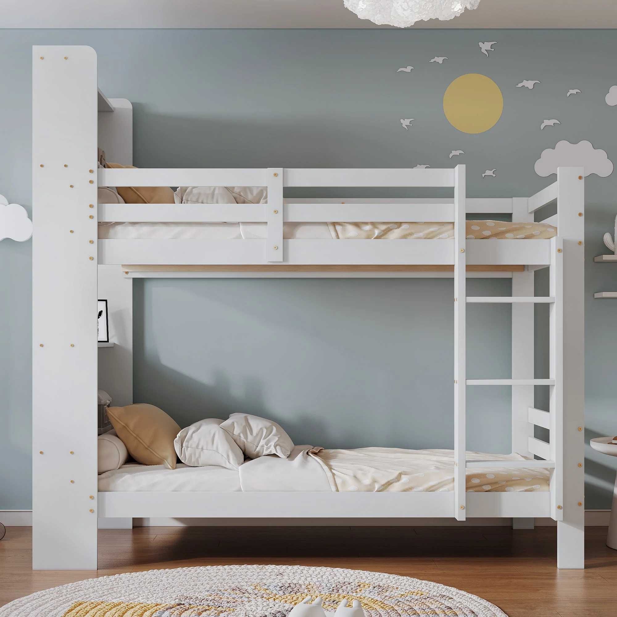 Bunk Bed with Shelves, Ladder & Storage, Solid Wood, White - Image 9