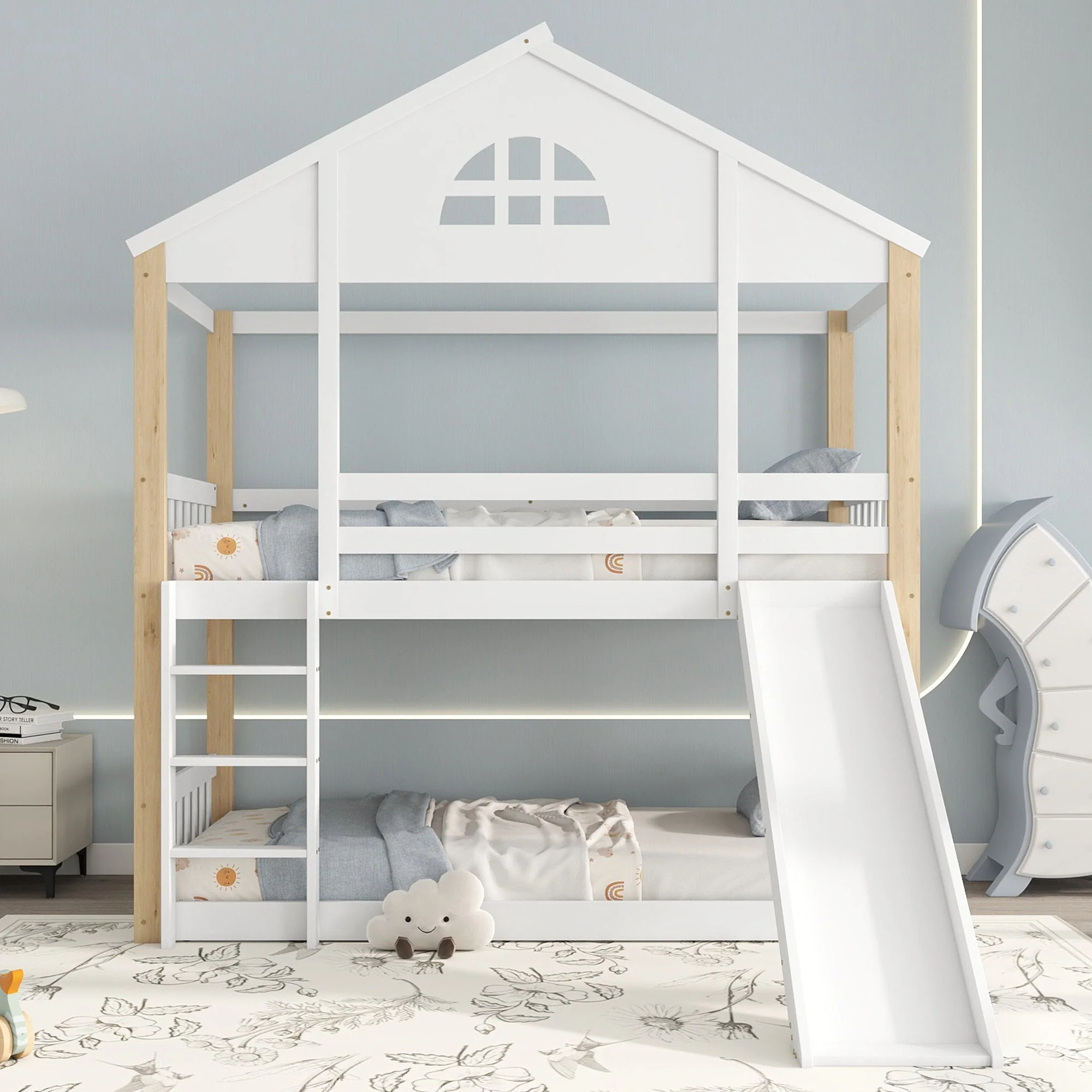 Bunk Bed with Slide & Ladder, House Bed with Fences, Solid Wood, White+Natural, 90x200cm - Image 10