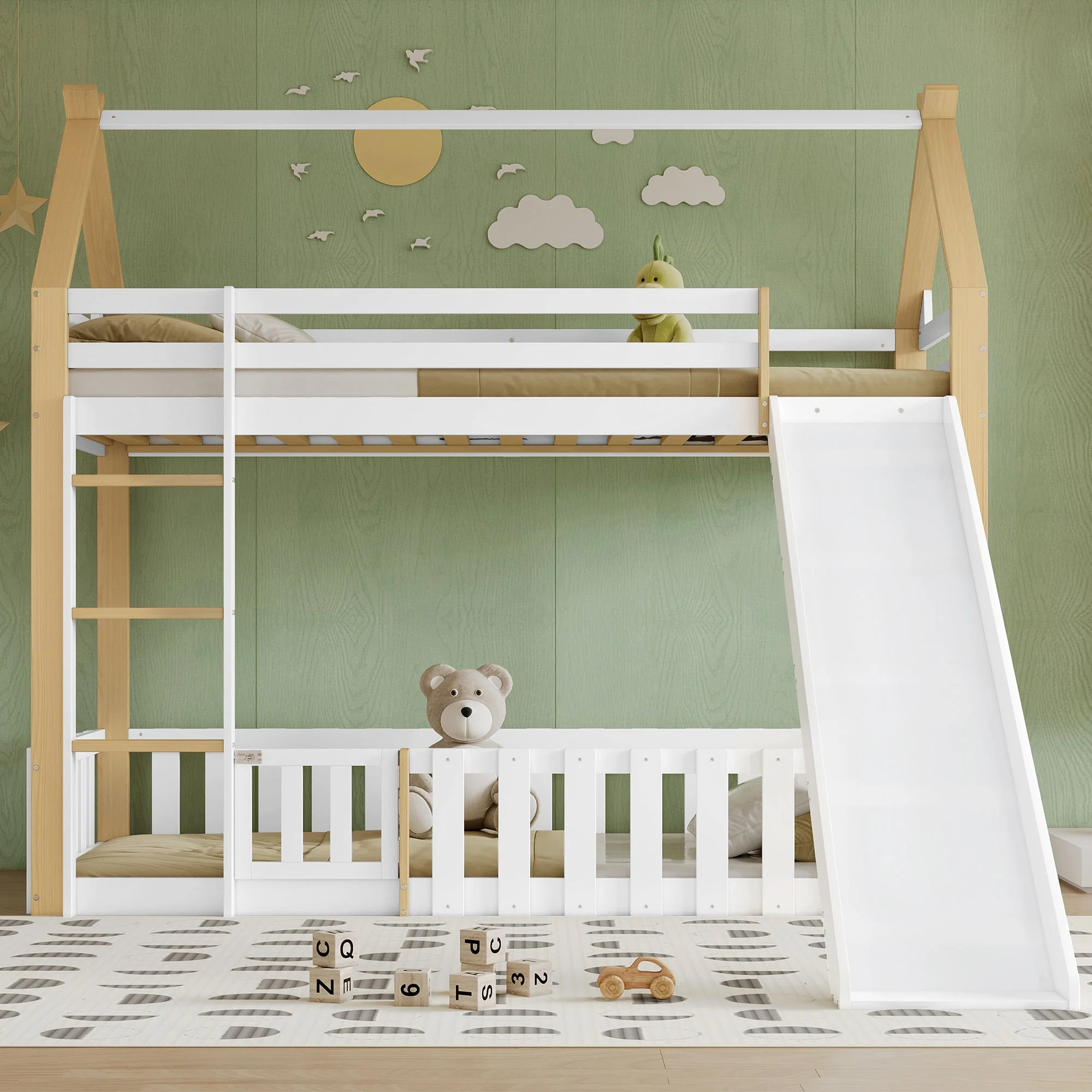 Bunk Bed with Slide & Ladder, Roof Shape, Pine + MDF + Plywood, White + Natural - Image 5
