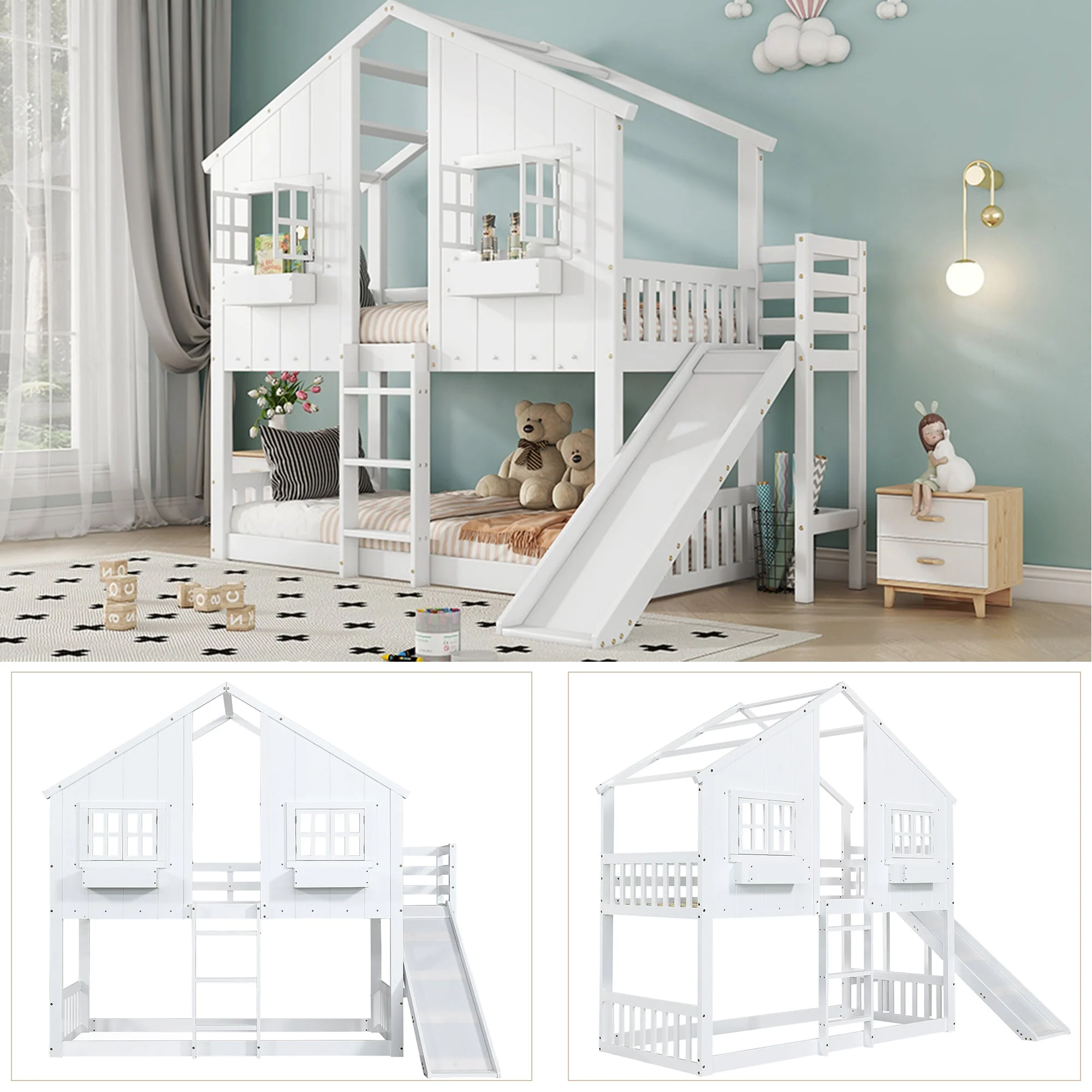 Bunk Bed with Slide, Roof & Window, Safety Gate, 3-Step Ladder, Pine + MDF, White, 90x200cm - Image 7