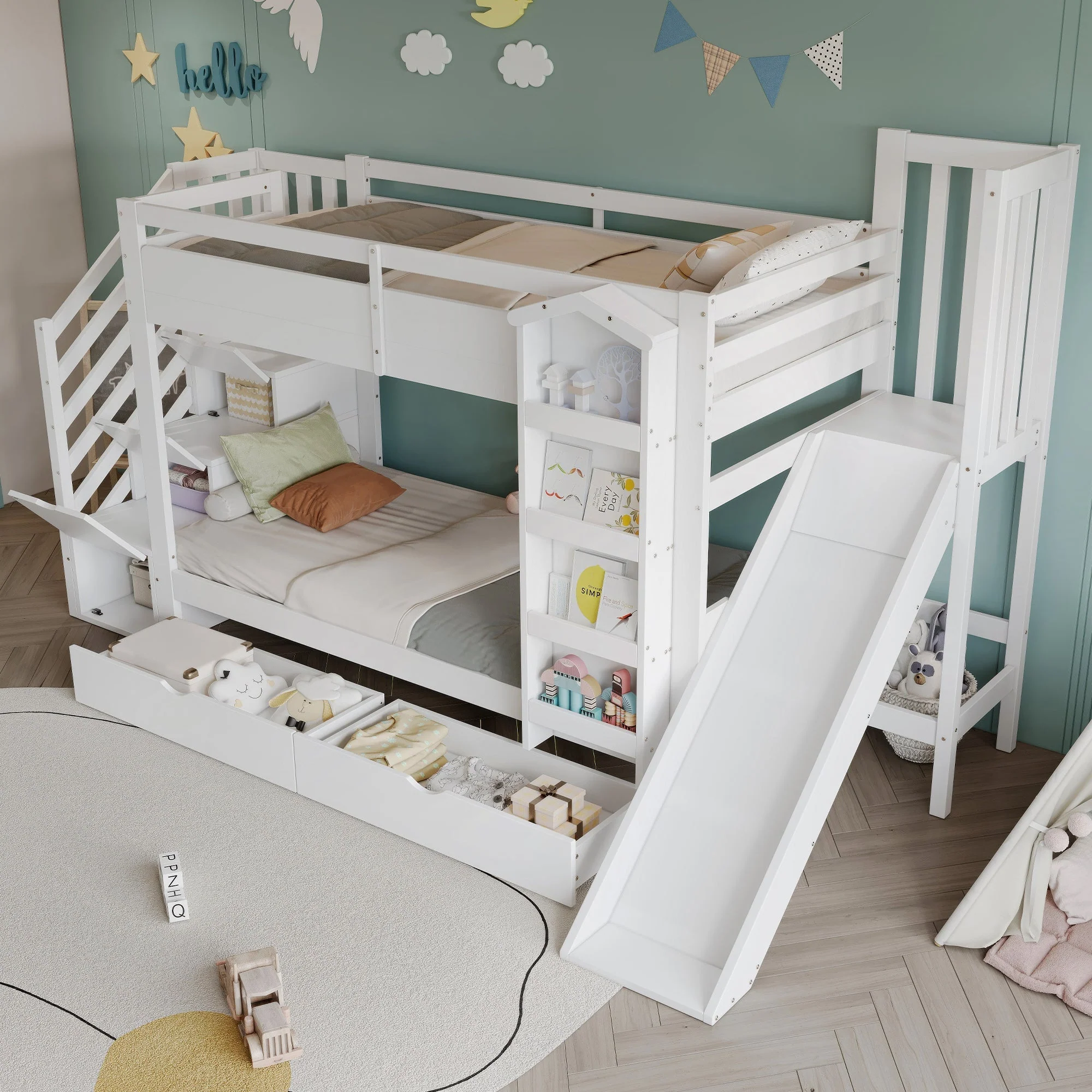 Bunk Bed with Slide, Stair Storage, Bookshelf and Drawers, 90x200cm, White Pine + MDF - Image 2