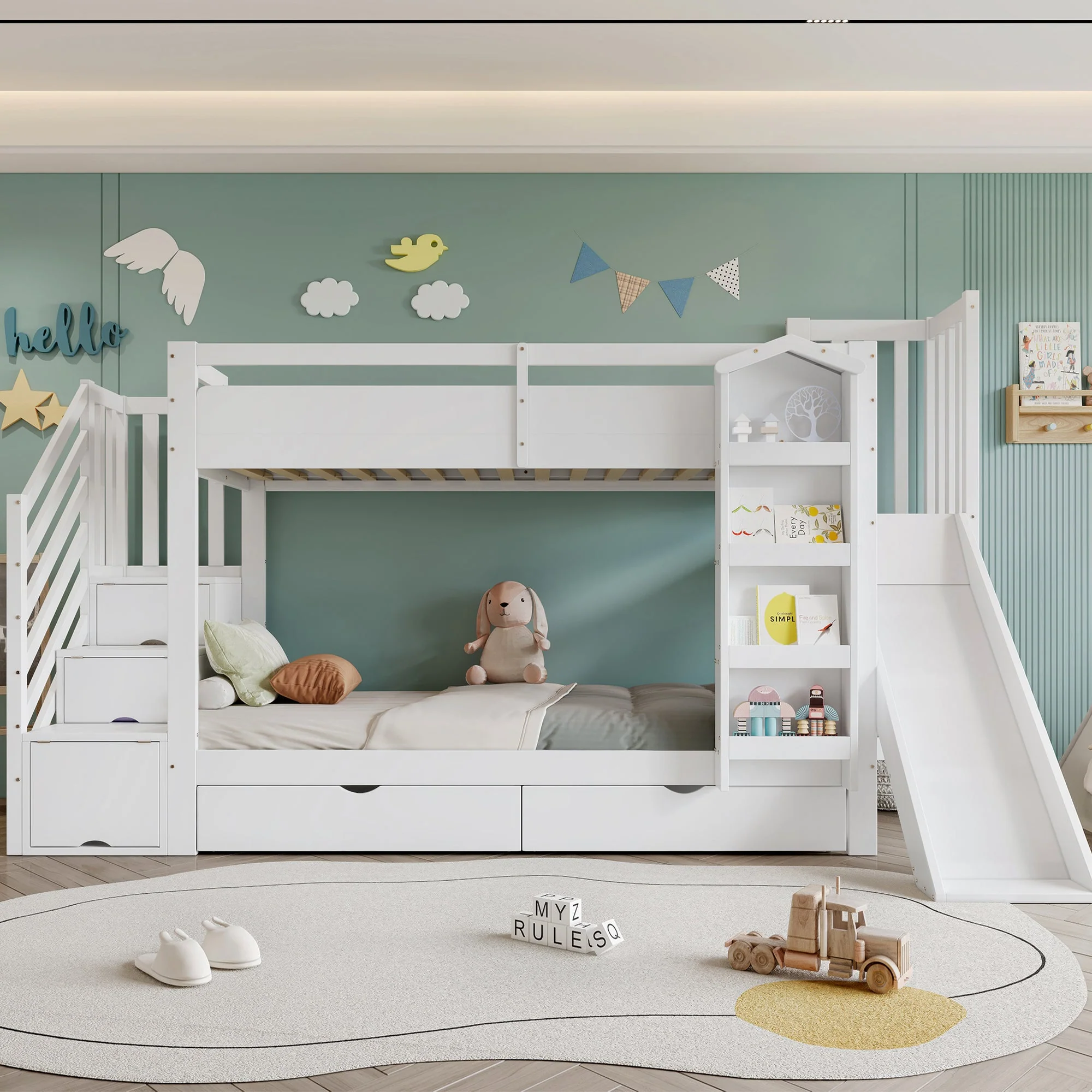 Bunk Bed with Slide, Stair Storage, Bookshelf and Drawers, 90x200cm, White Pine + MDF - Image 3