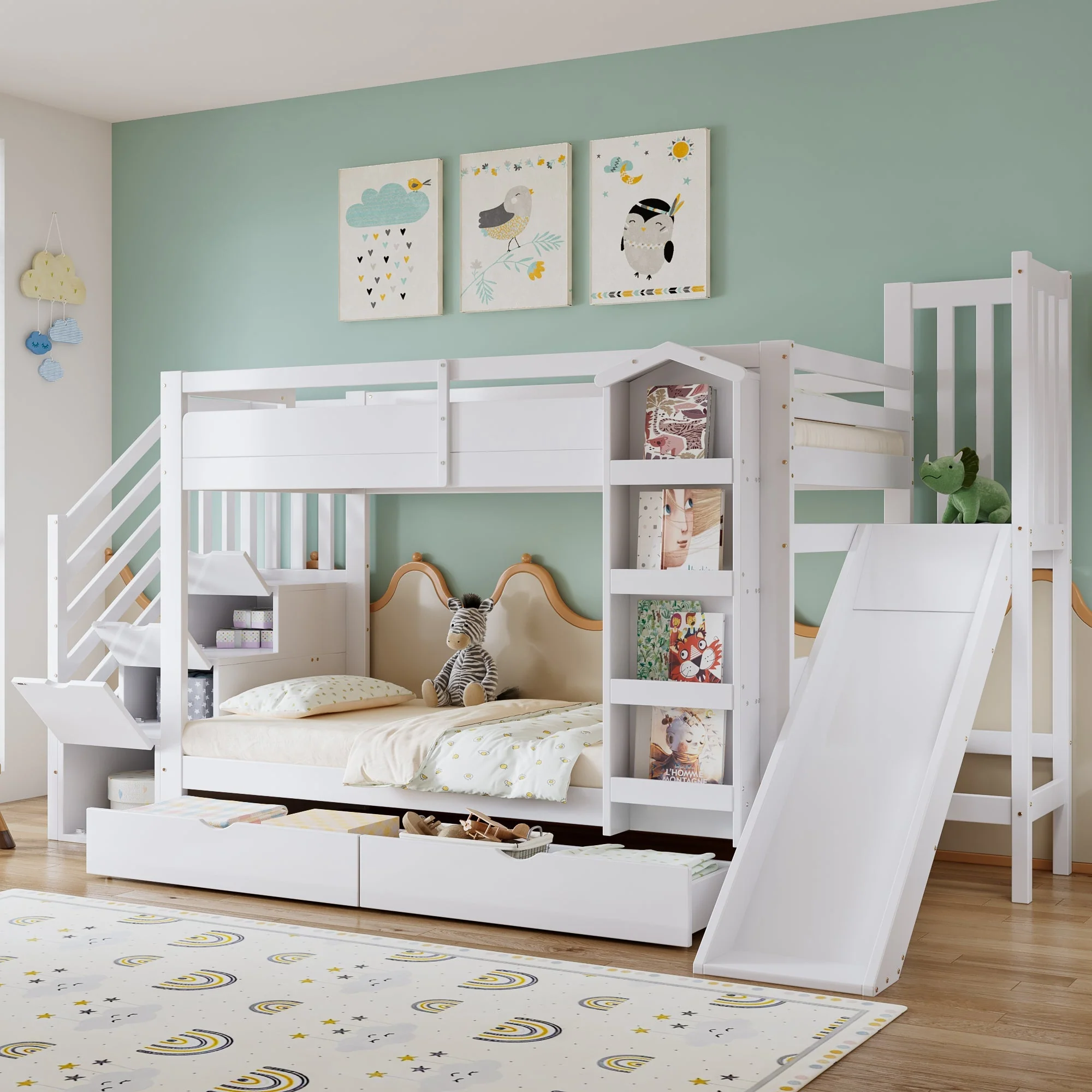 Bunk Bed with Slide, Stair Storage, Bookshelf and Drawers, 90x200cm, White Pine + MDF - Image 4