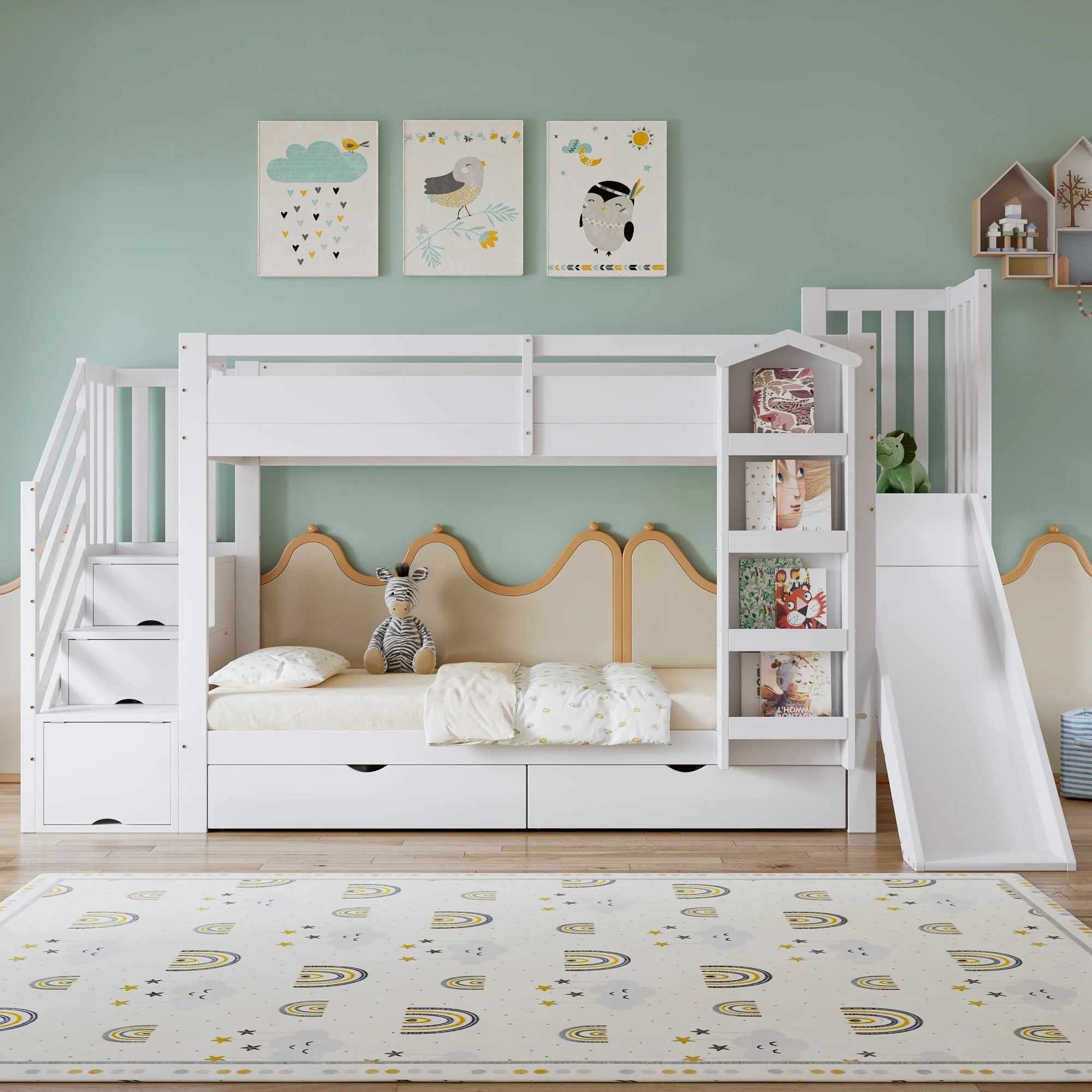 Bunk Bed with Slide, Stair Storage, Bookshelf and Drawers, 90x200cm, White Pine + MDF - Image 6