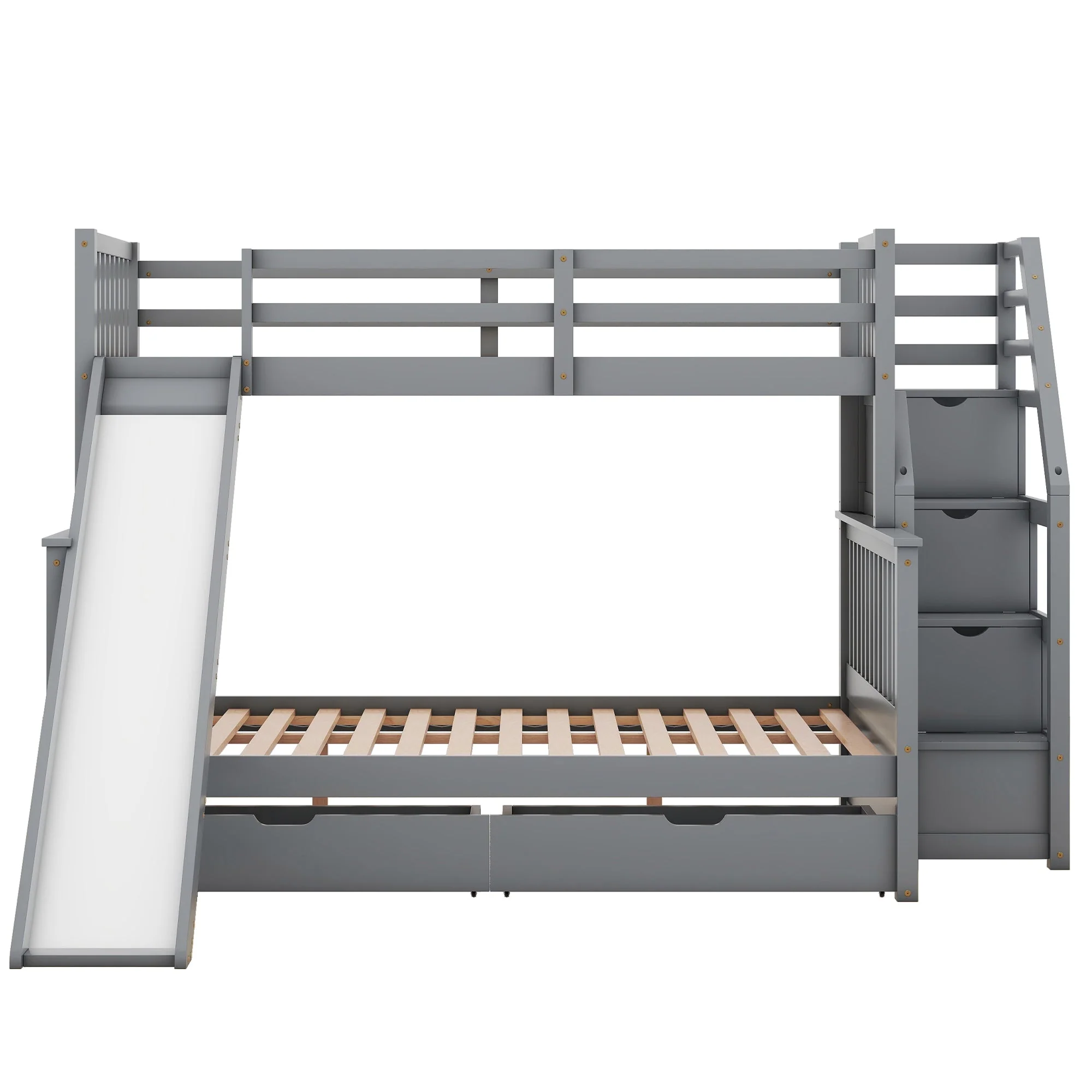 Bunk Bed with Slide, Storage Drawers and Stairs, Gray Wood - Image 10