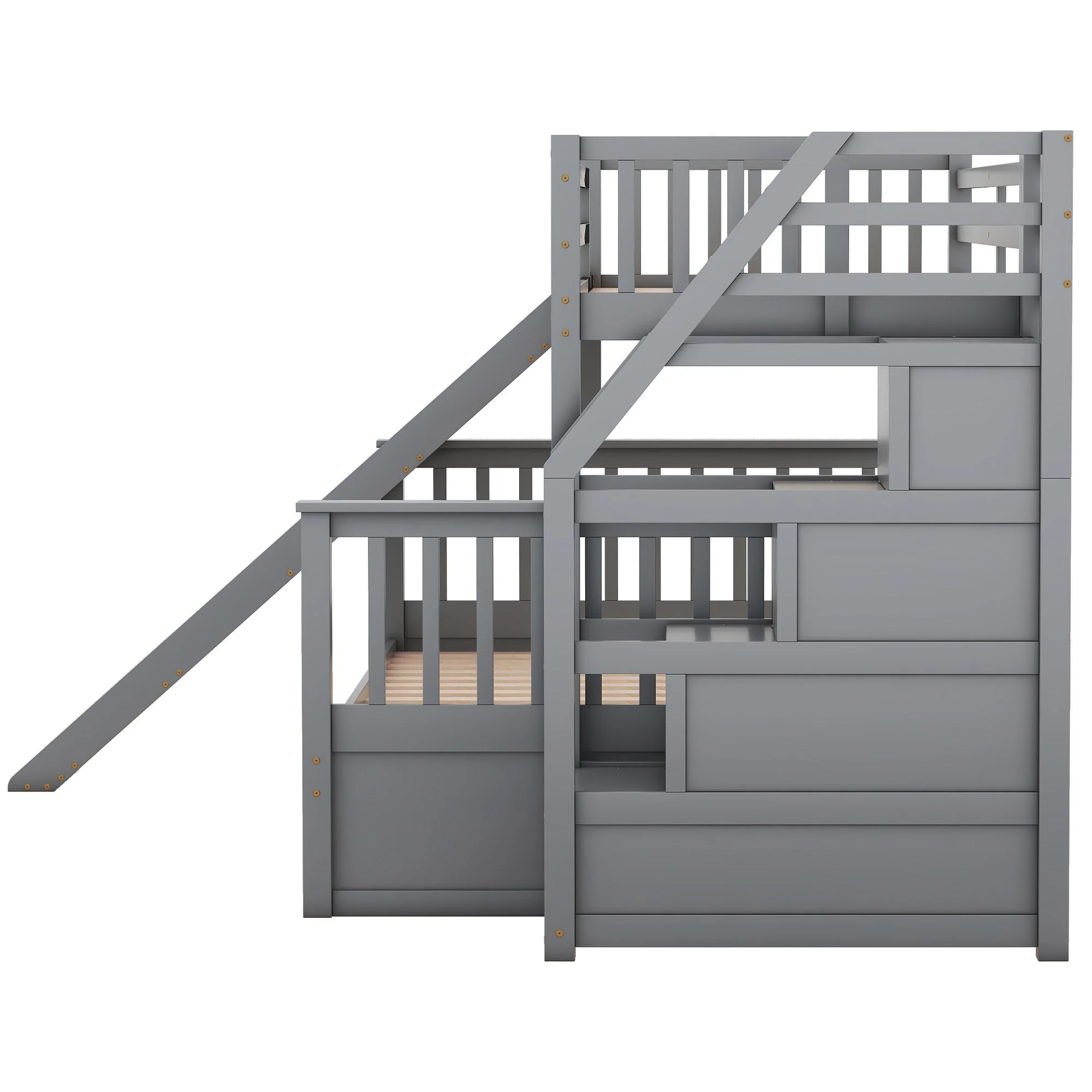 Bunk Bed with Slide, Storage Drawers and Stairs, Gray Wood - Image 5