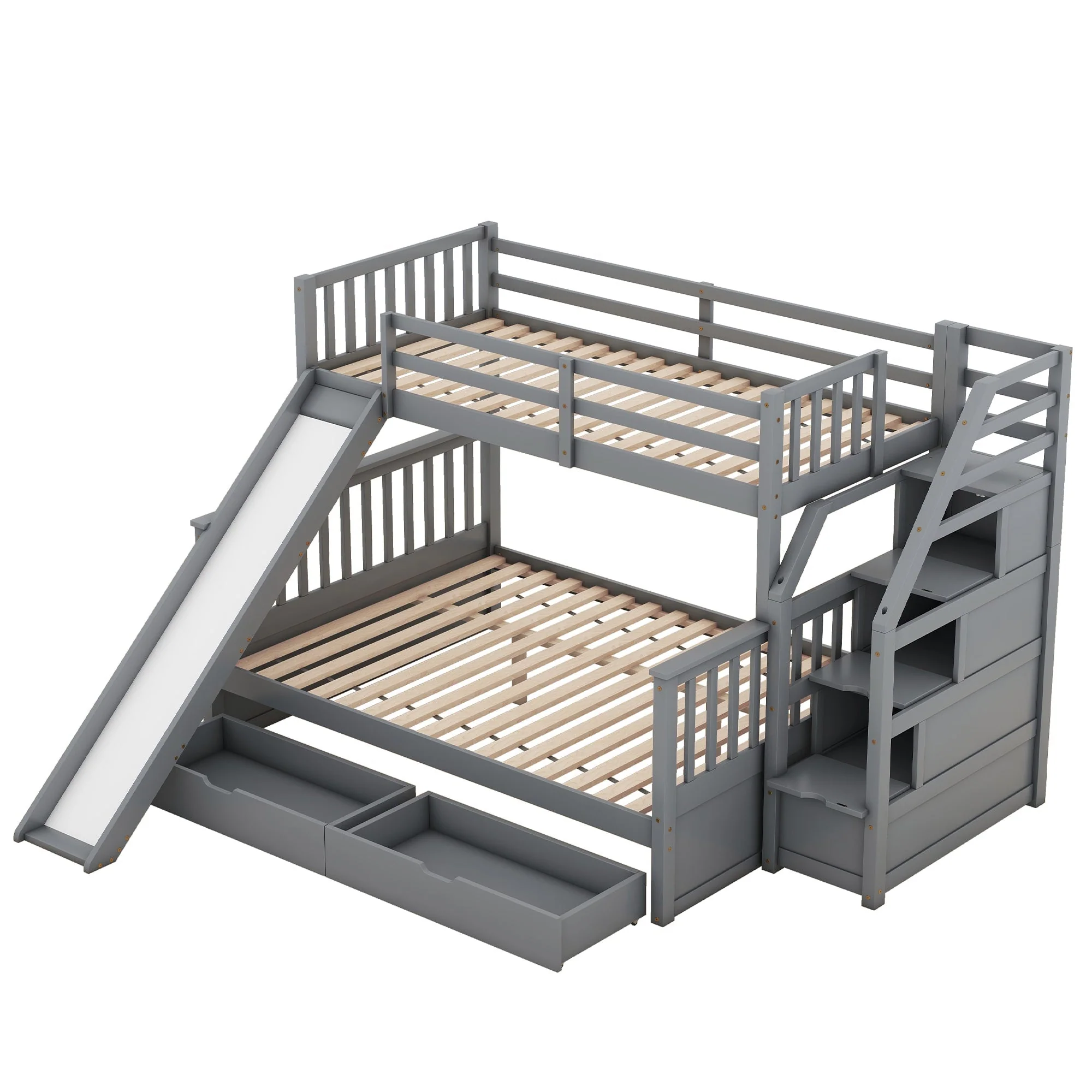 Bunk Bed with Slide, Storage Drawers and Stairs, Gray Wood - Image 8