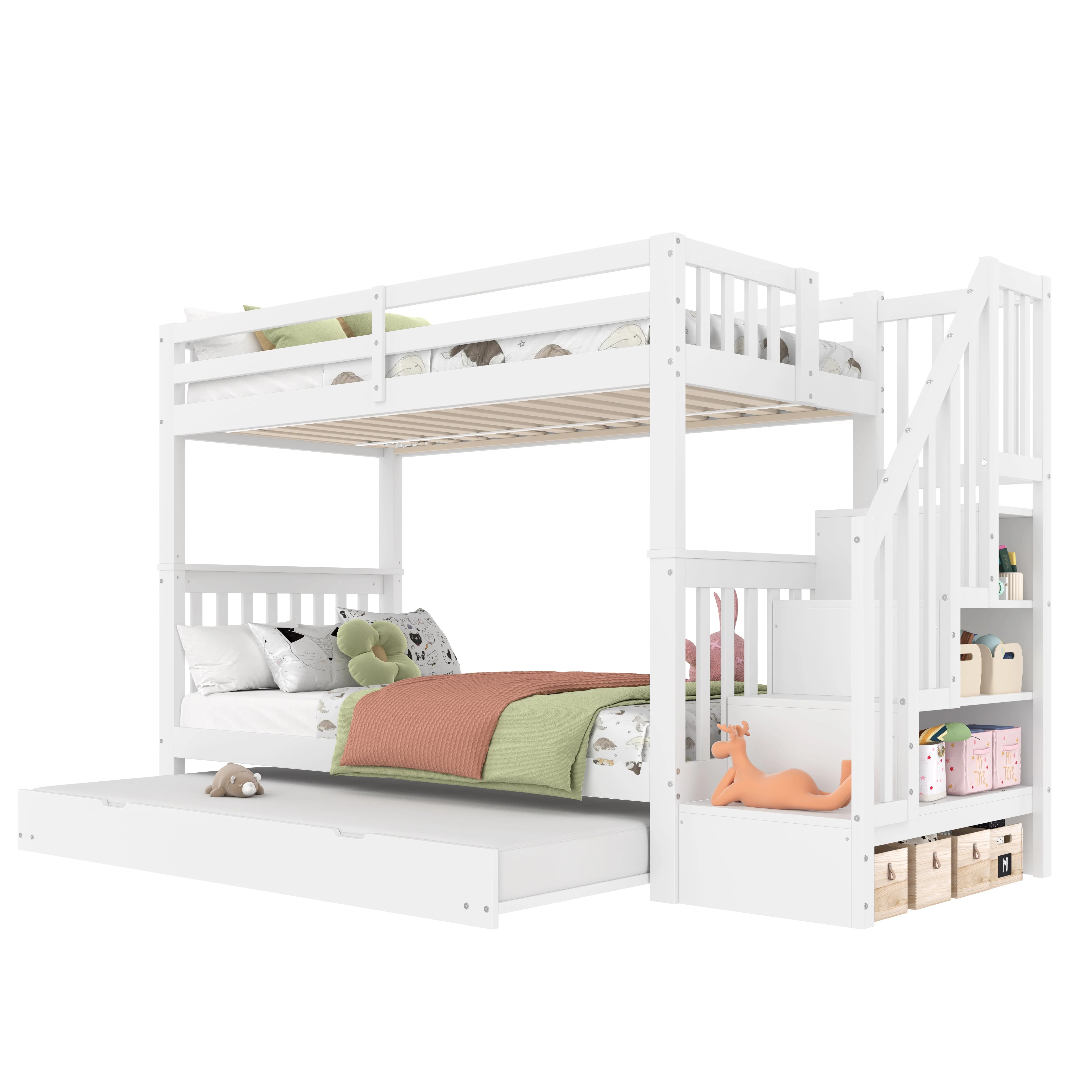 Bunk Bed with Stair Shelf and Pull-out Trundle Bed, 90x200cm, White - Image 8